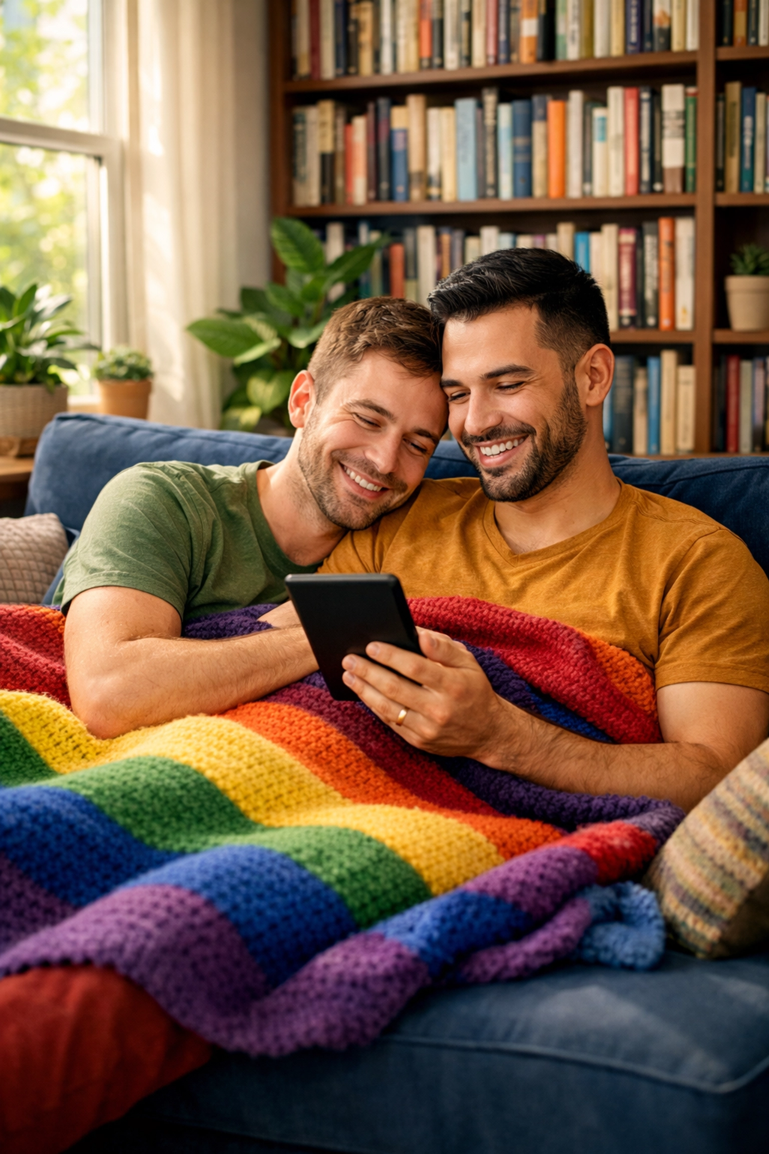 A happy gay couple relaxes on a sofa while reading MM romance ebooks on a digital device.