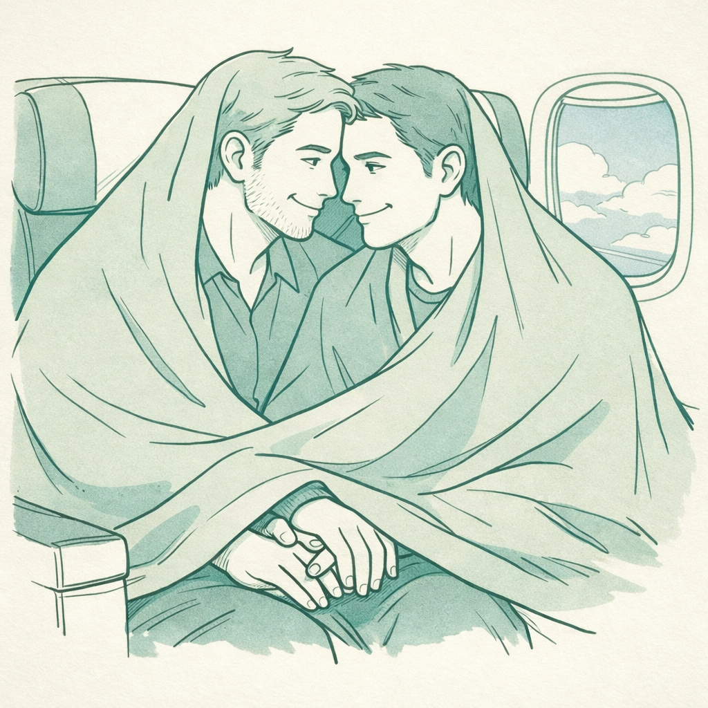 MM couple sharing discreet moment under blanket in business class airplane seats