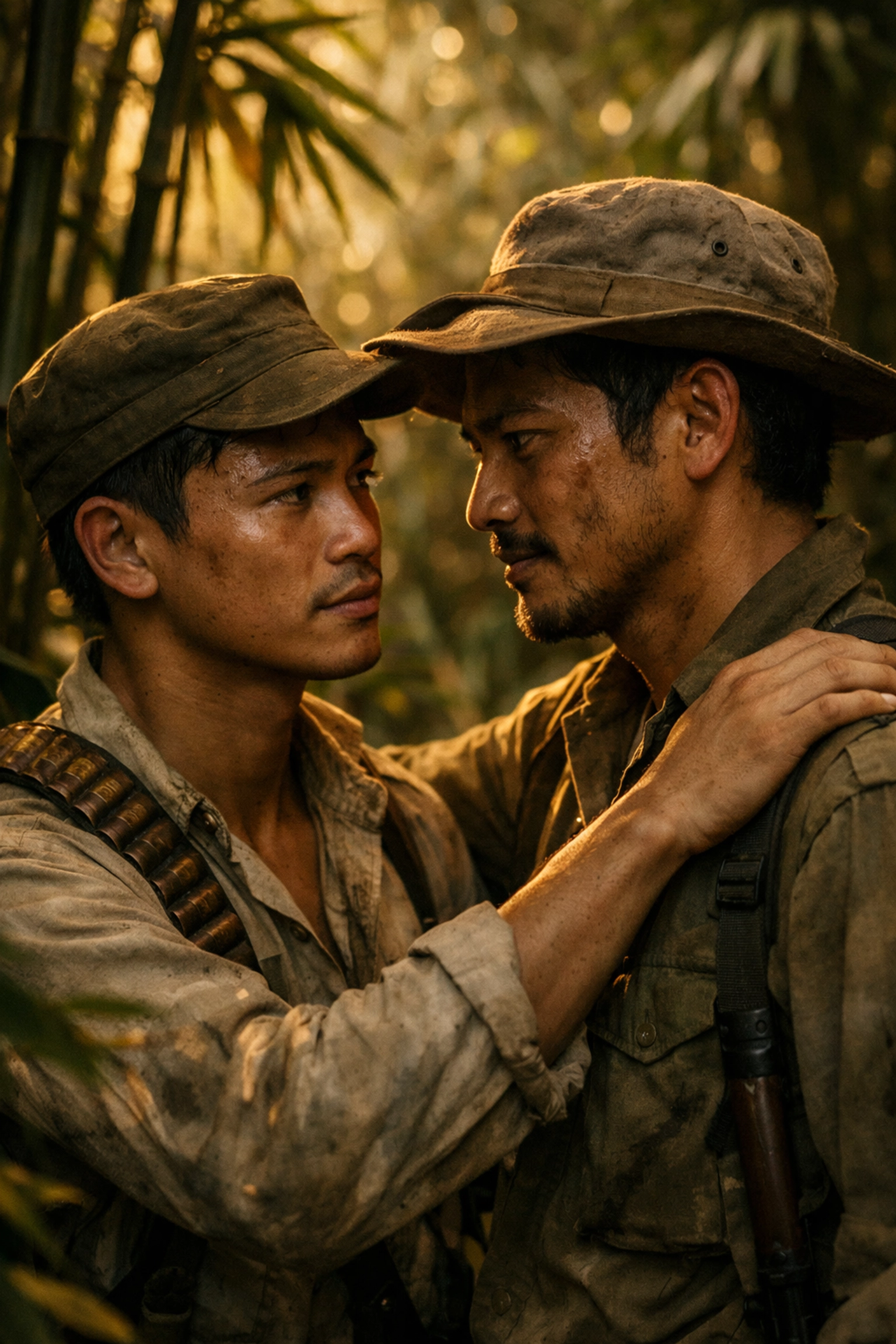 Two Filipino guerrilla fighters share an intimate moment in the Philippine jungle during WWII