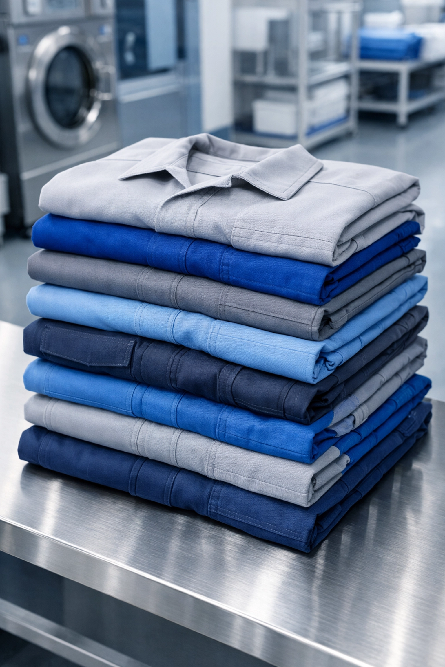 Clean, folded industrial workwear processed by a professional laundry and rental service.