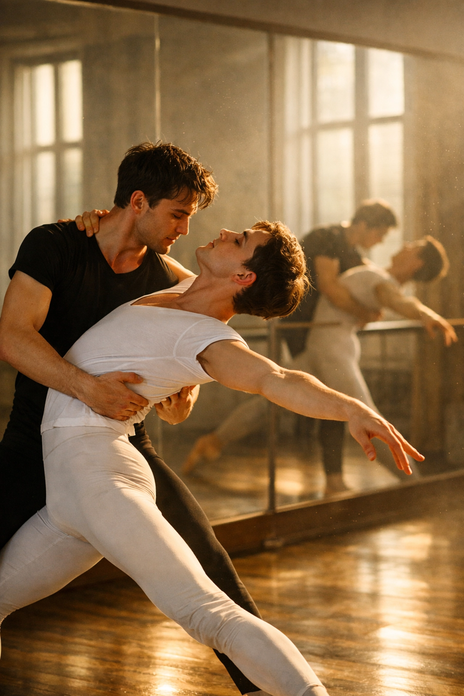 Two male ballet dancers practicing partnered lift in sunlit studio - MM romance ballet story