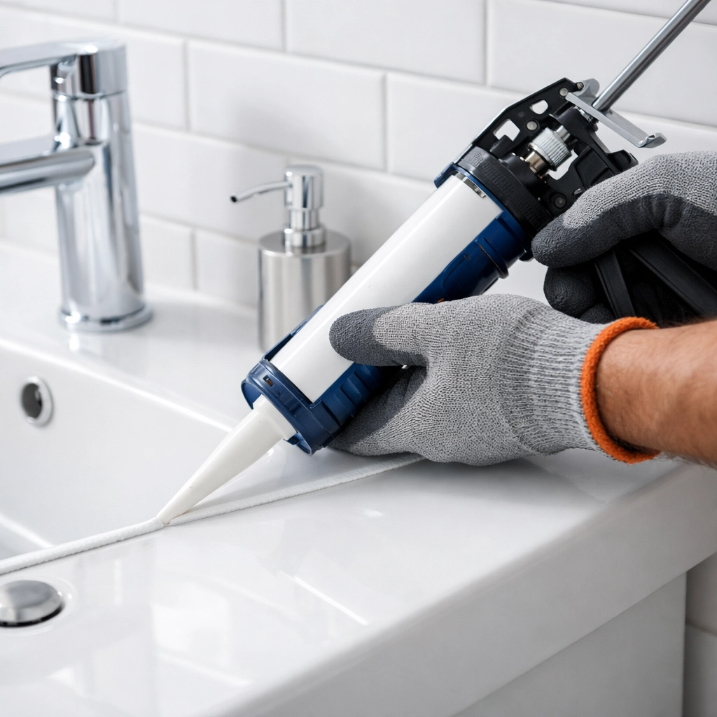 Close-up of preventive maintenance caulking application in apartment bathroom