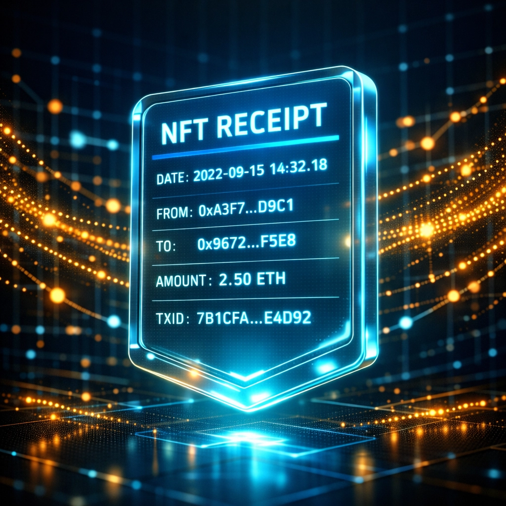 NFT receipt token displaying transaction data and blockchain verification for Web3 payments