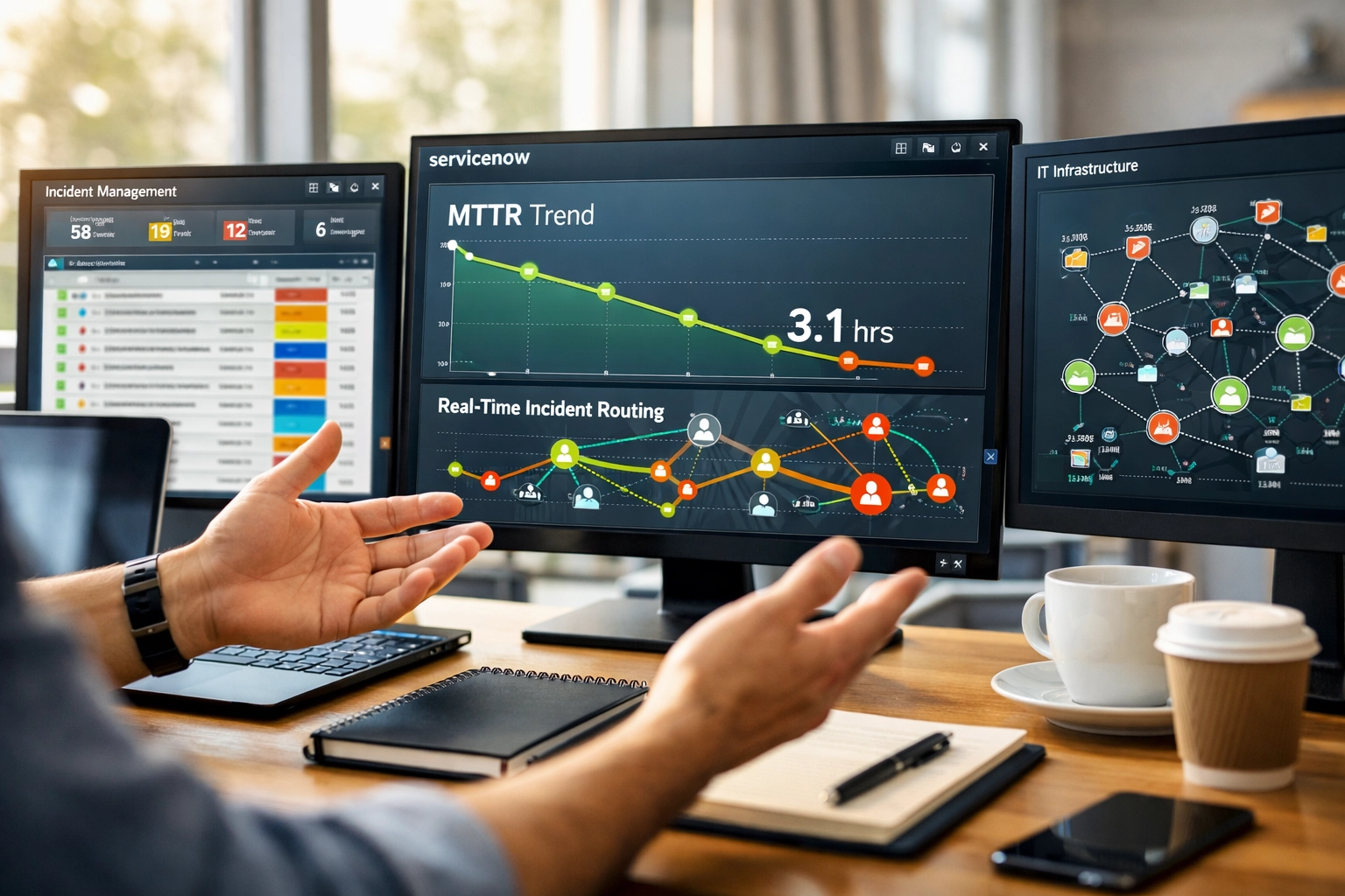IT team monitoring ServiceNow ITOM dashboards showing reduced MTTR and incident metrics