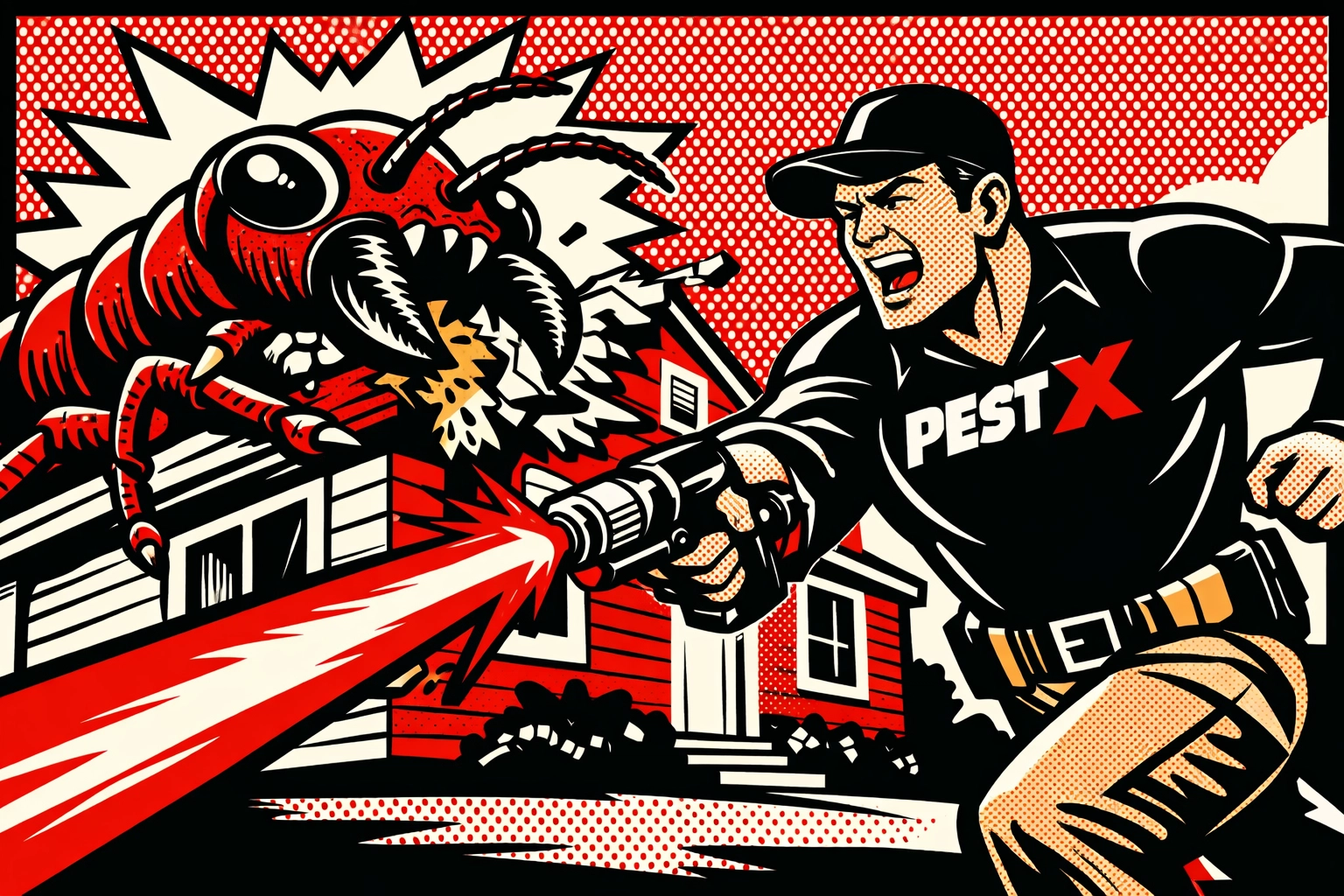 Pest X technician protecting a Birmingham home from a giant termite in a comic book style.