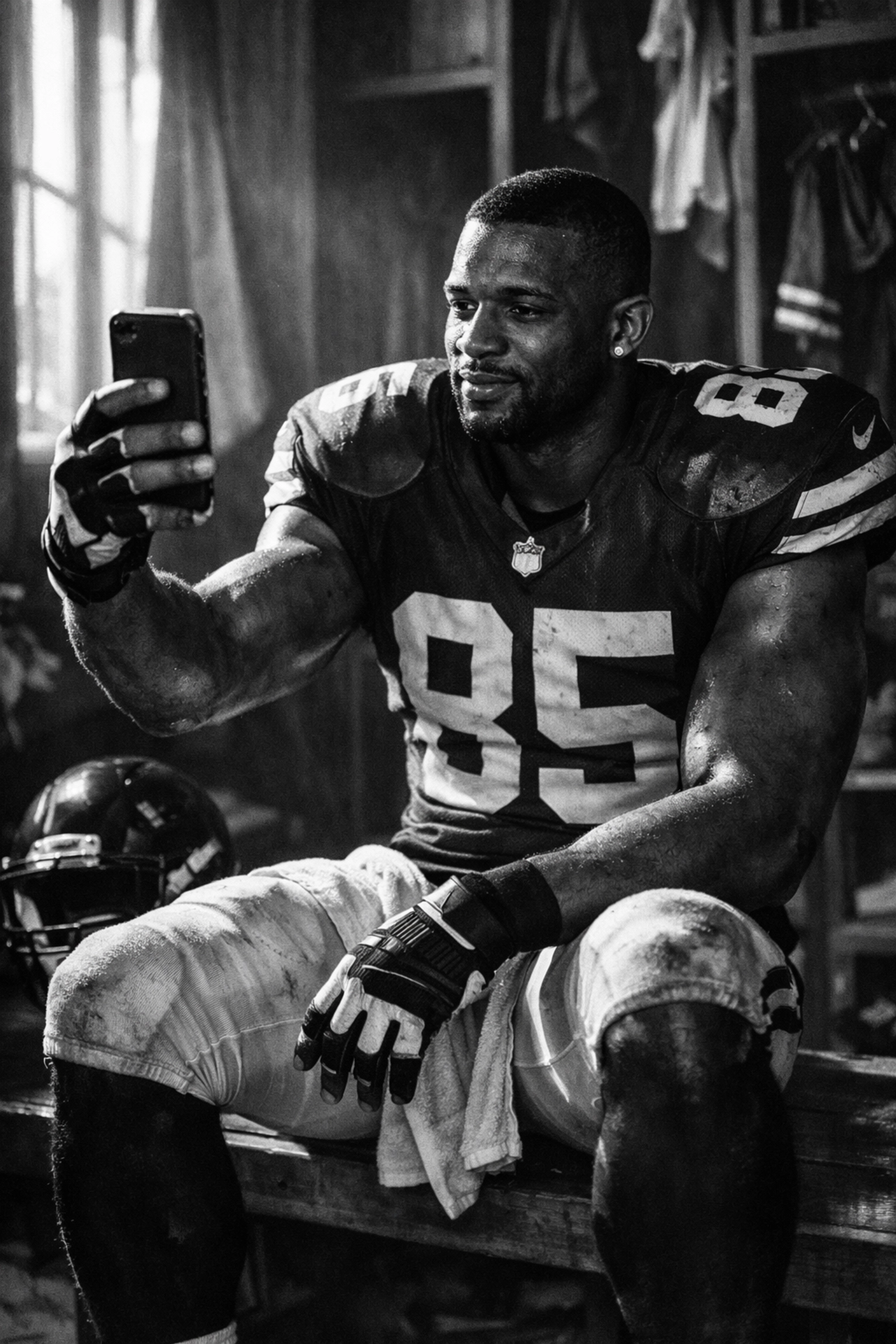 NFL player creating behind-the-scenes content on smartphone in locker room