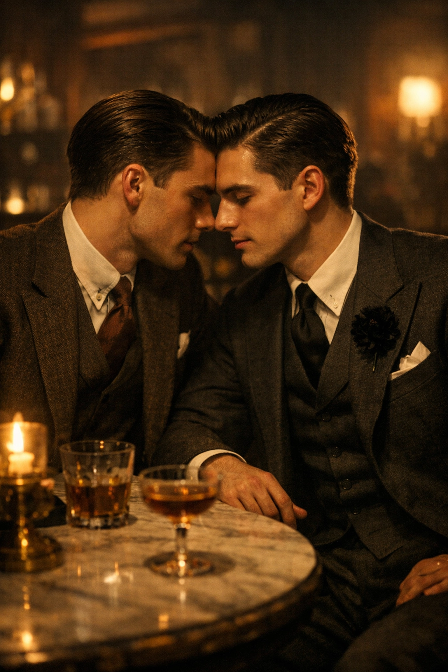 Two men in vintage suits share a secret moment in a 1920s Riga speakeasy, reflecting Baltic gay history.