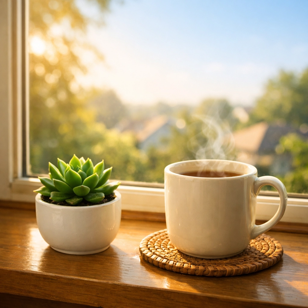 A calm, sunlit room with tea and greenery, representing emotional clarity through crisis counseling in New Jersey.