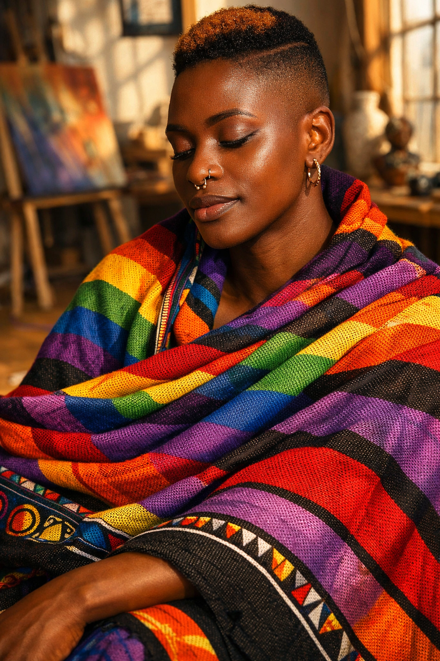 Queer African artist in a Nairobi studio wearing a rainbow kanga symbolizing pride.
