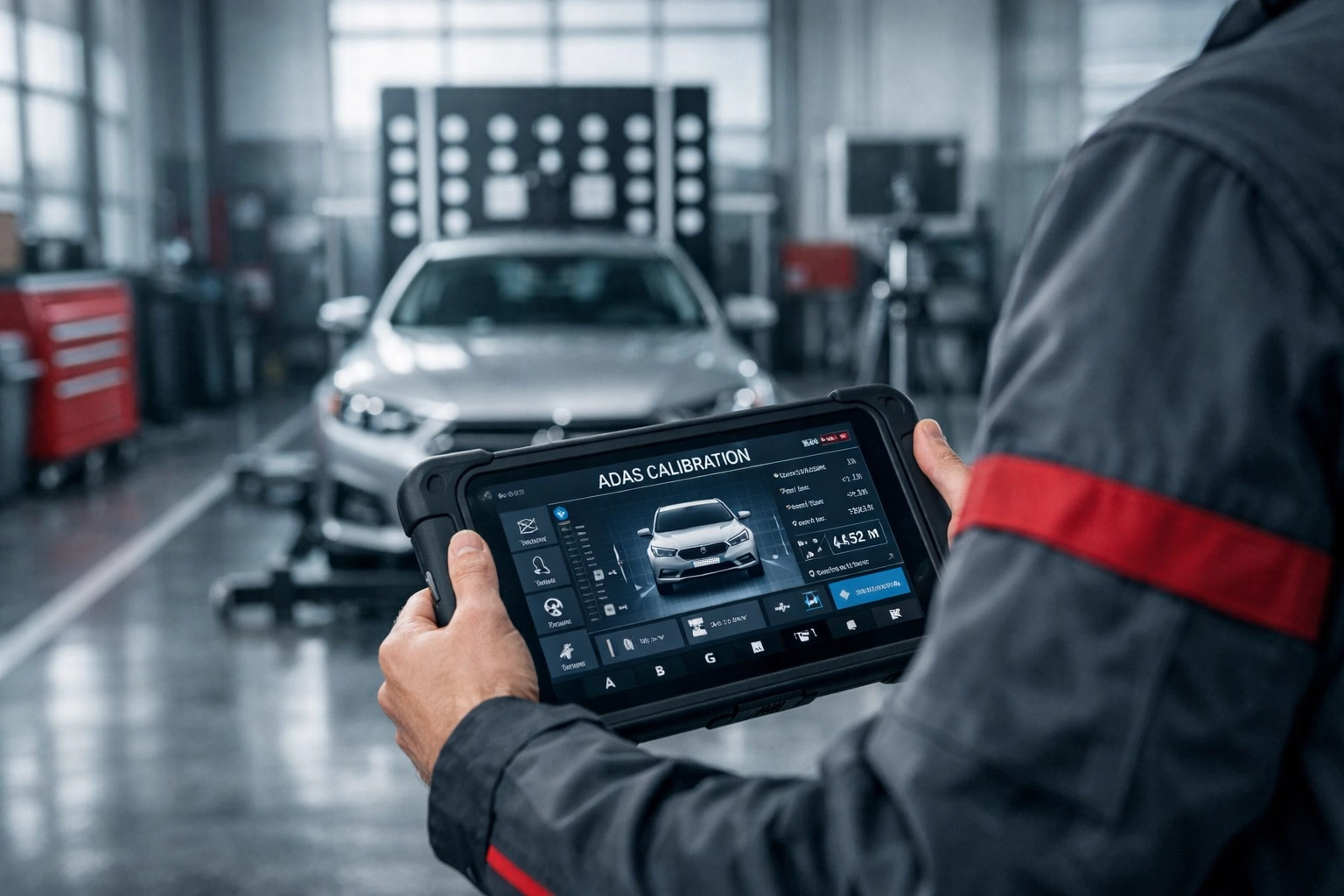 Automotive technician performing ADAS calibration to sync safety sensors with wheel alignment.