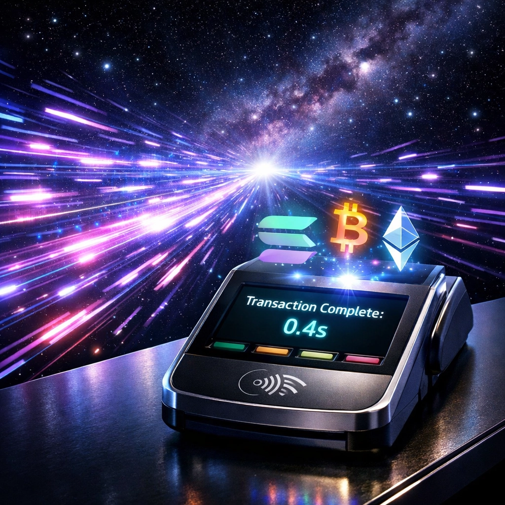 Solana blockchain powering fast crypto POS transactions with instant settlement for merchants