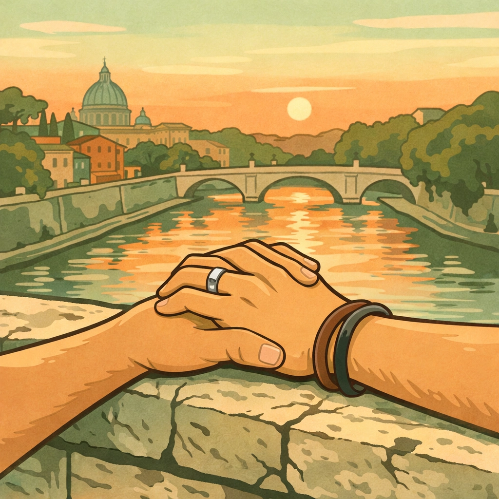 Two men's hands clasped on ancient Roman bridge at sunset - emotional gay romance connection
