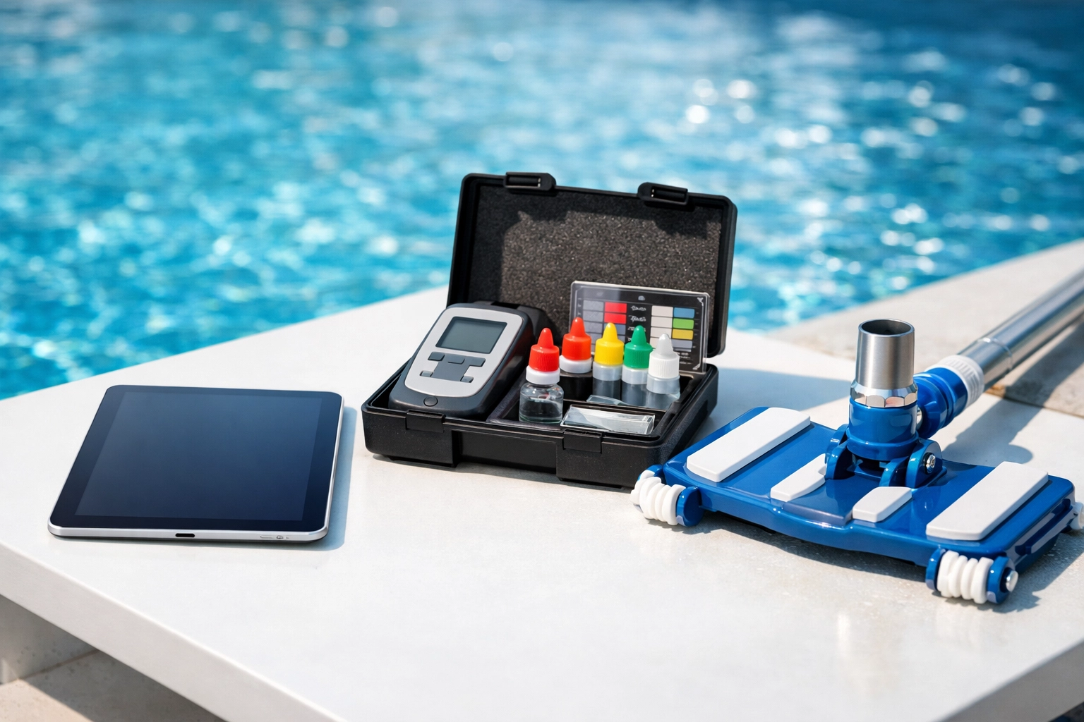 Tablet and testing kit by a sparkling pool, illustrating a modern turn-key pool service route for sale in California.