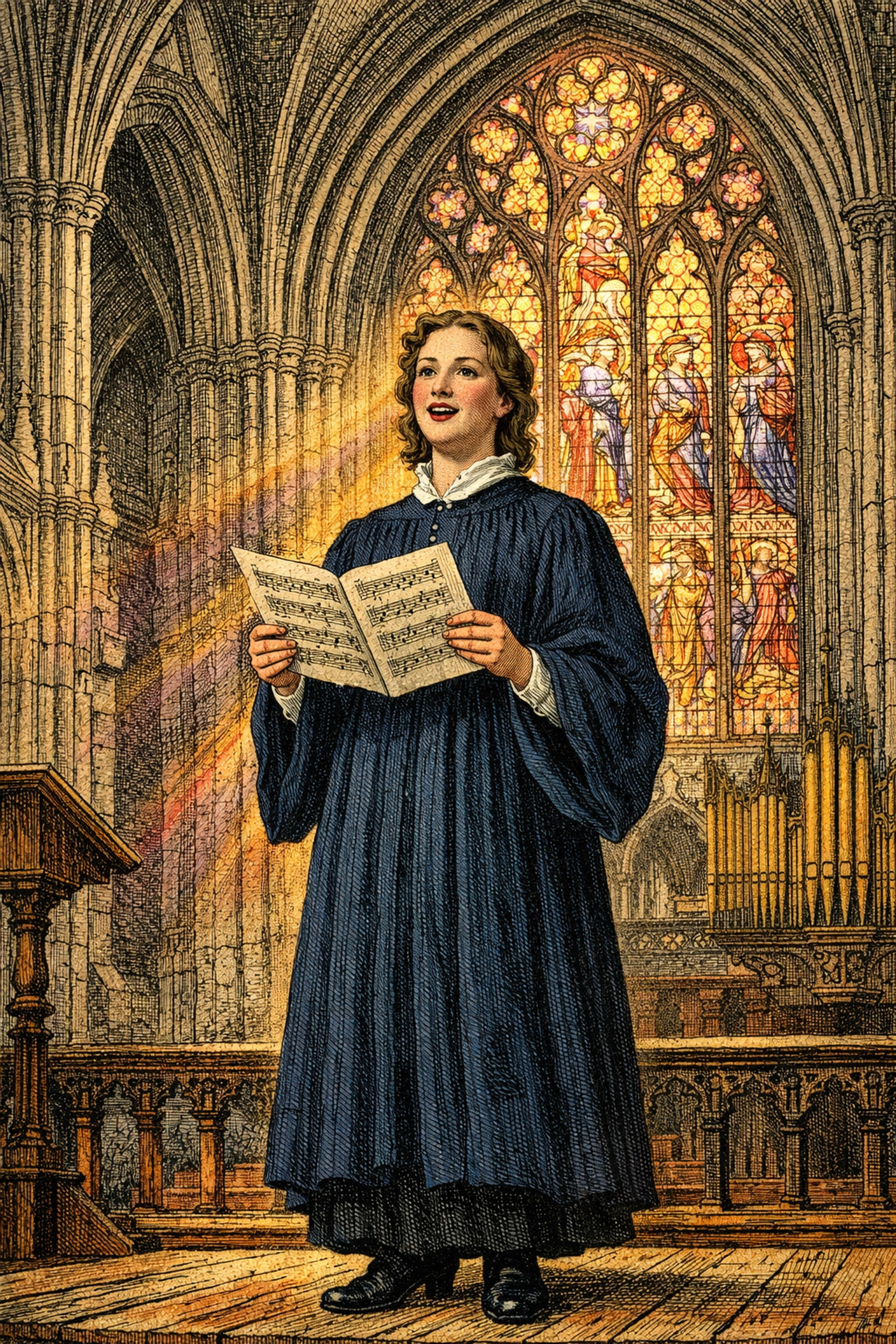 A confident singer in a cathedral after completing vocal coaching for church choir auditions.