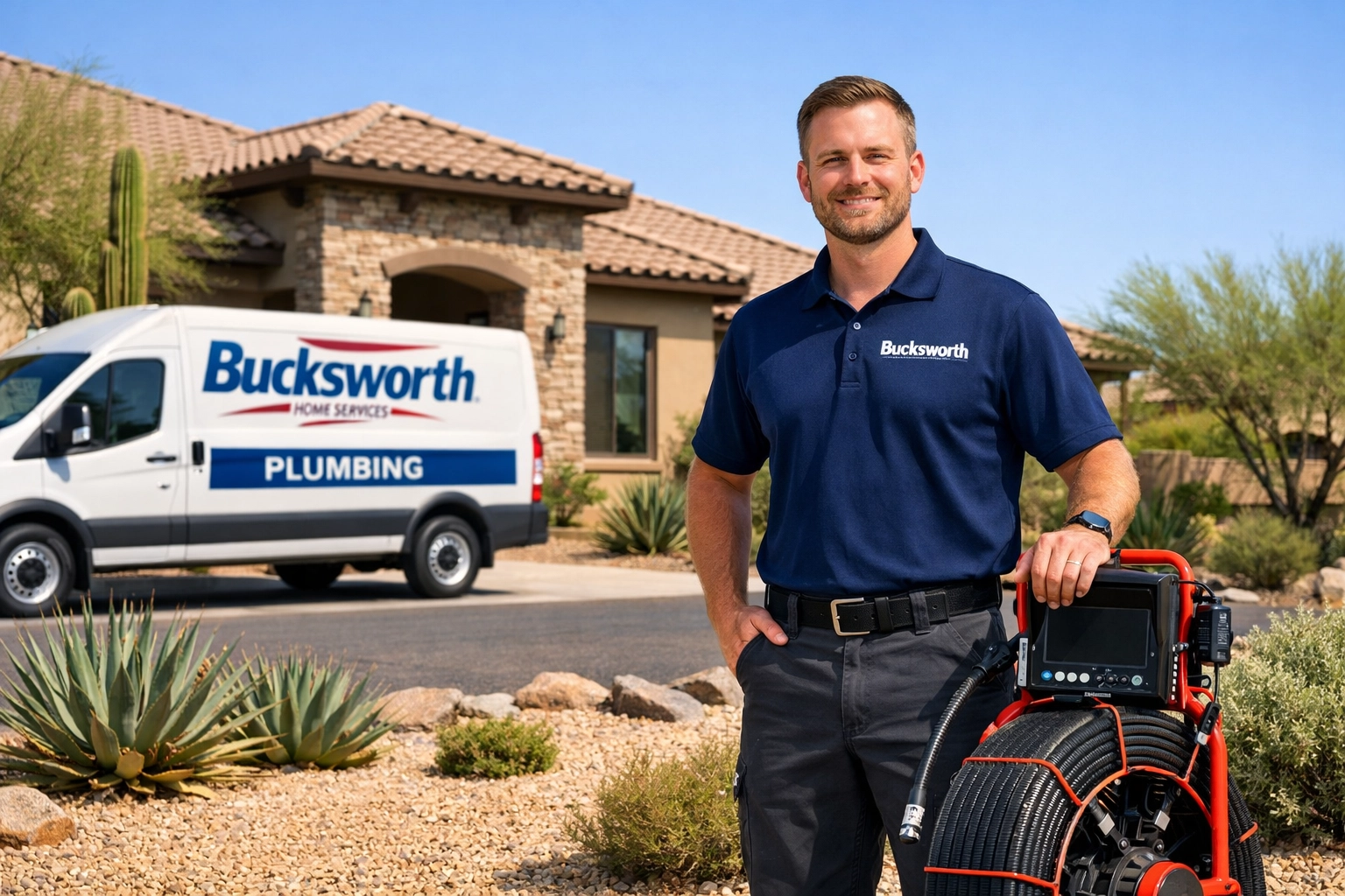 Bucksworth plumber with inspection camera providing emergency plumbing services in Phoenix, Arizona.