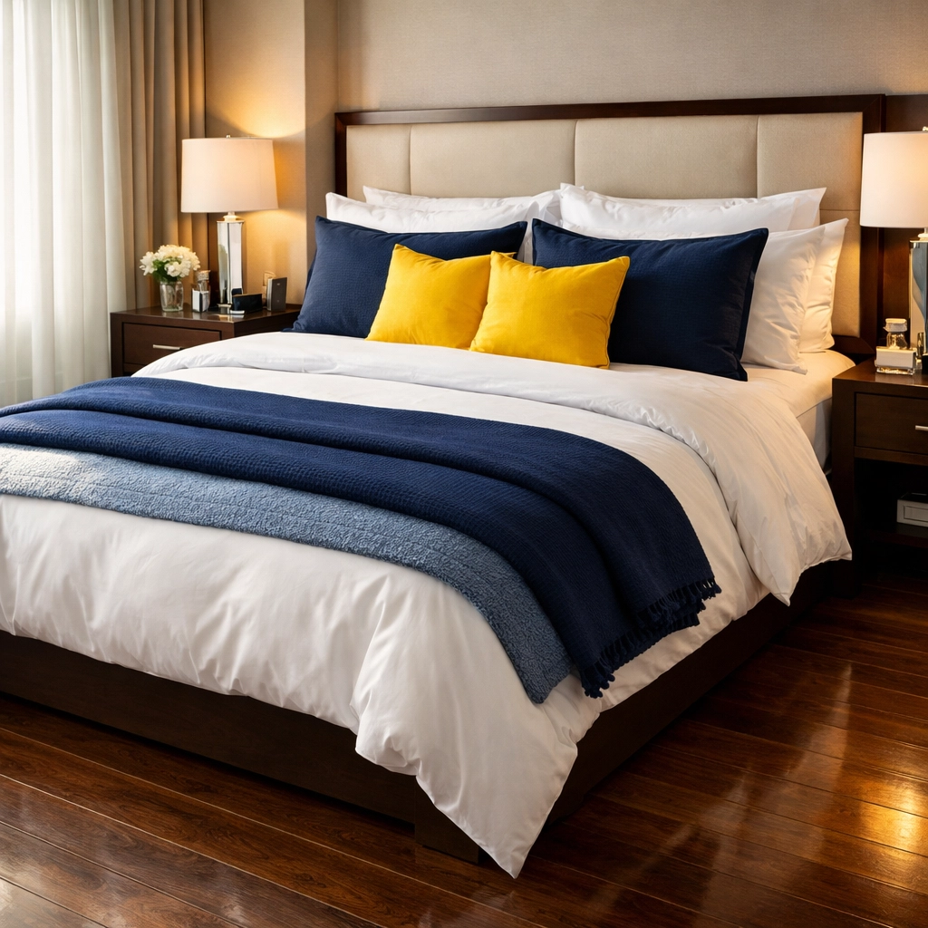 Freshly cleaned mattress with crisp white and navy blue bedding in a bright, organized room.