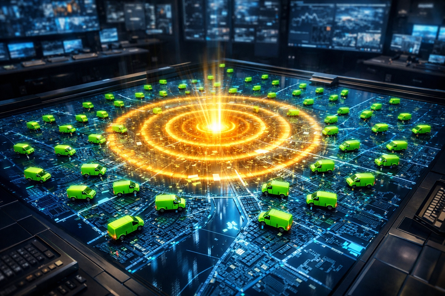 Digital city map showing automated service van dispatching to dominate the local HVAC and plumbing market.