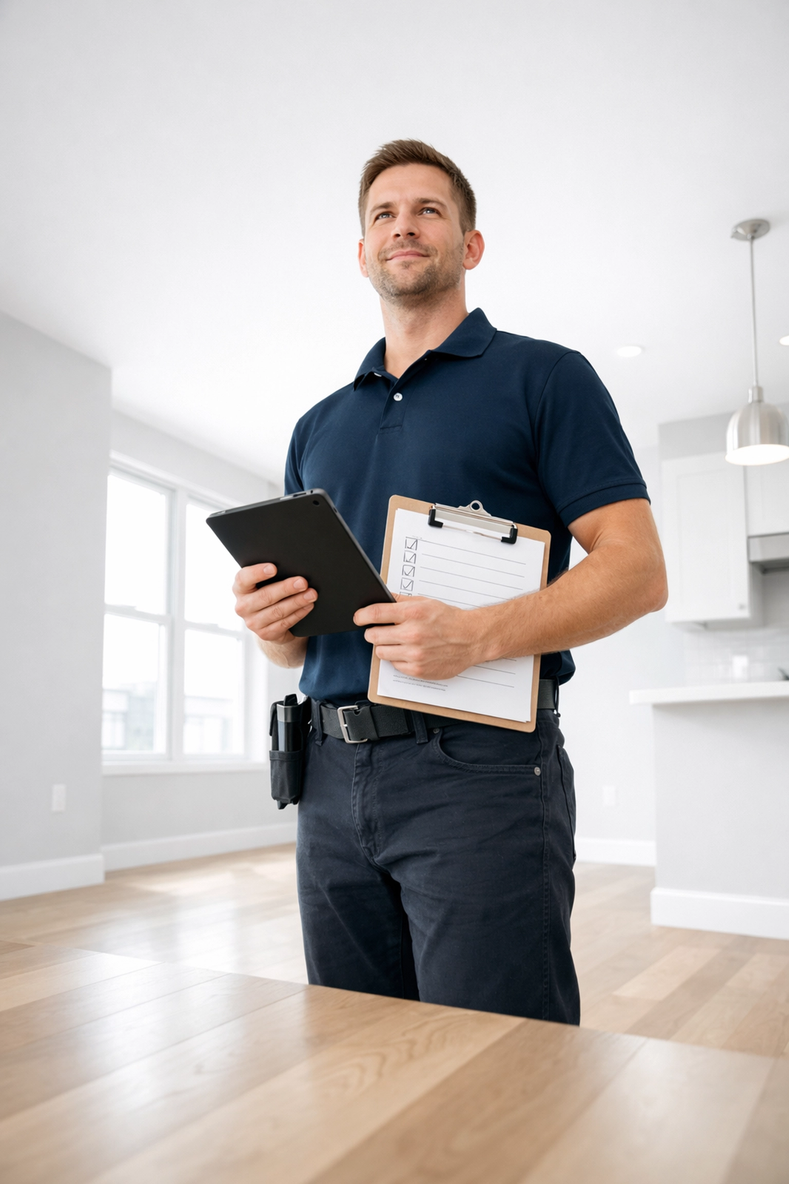 Dedicated maintenance technician managing apartment turnover with digital checklist
