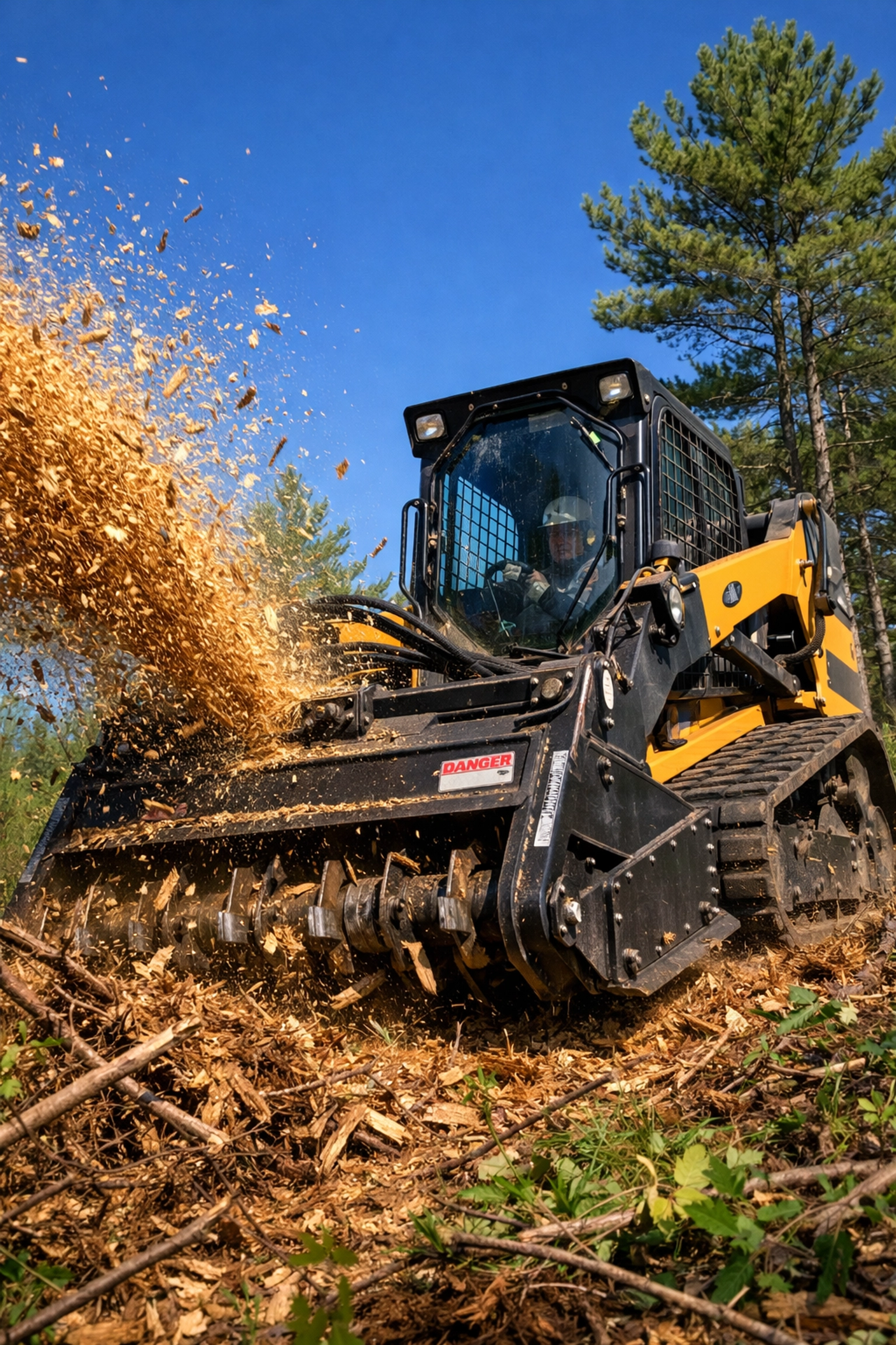 Industrial skid steer with brush mulcher clearing dense thickets for property line maintenance.