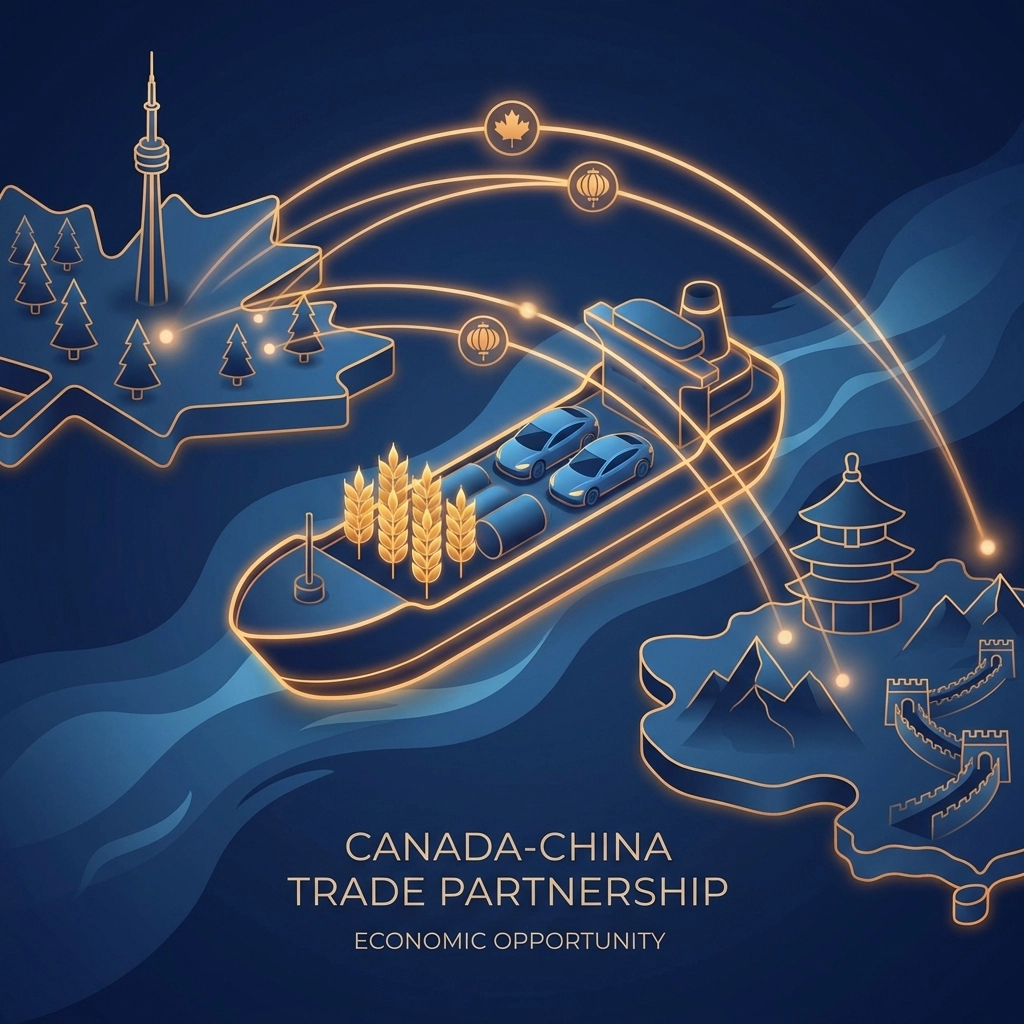 Illustration of Canada-China trade growth with ships carrying wheat and electric vehicles, symbolizing export expansion.