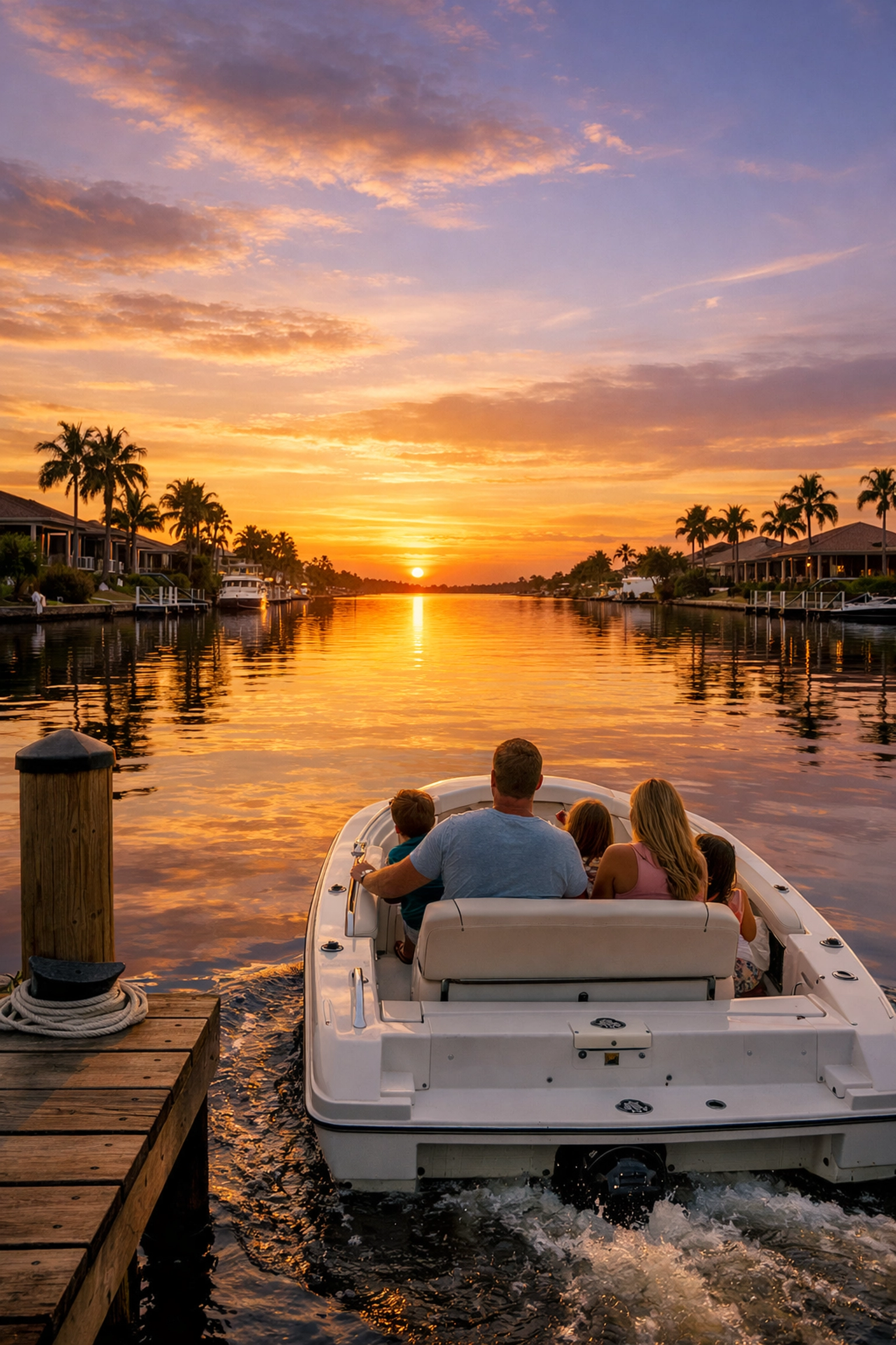 Family enjoying a sunset boat ride in a Cape Coral canal, showcasing the SWFL waterfront lifestyle.