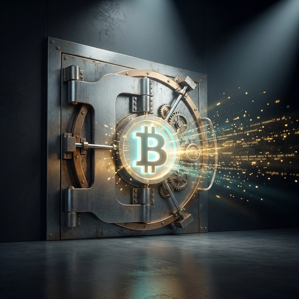 Bitcoin emerging from a bank vault, illustrating secure institutional crypto integration in diversified wealth management