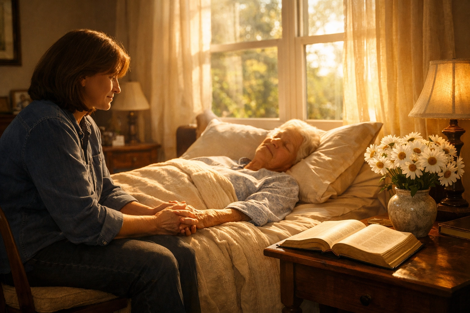 A caregiver holds an elderly person's hand in a peaceful room with an open Bible nearby.