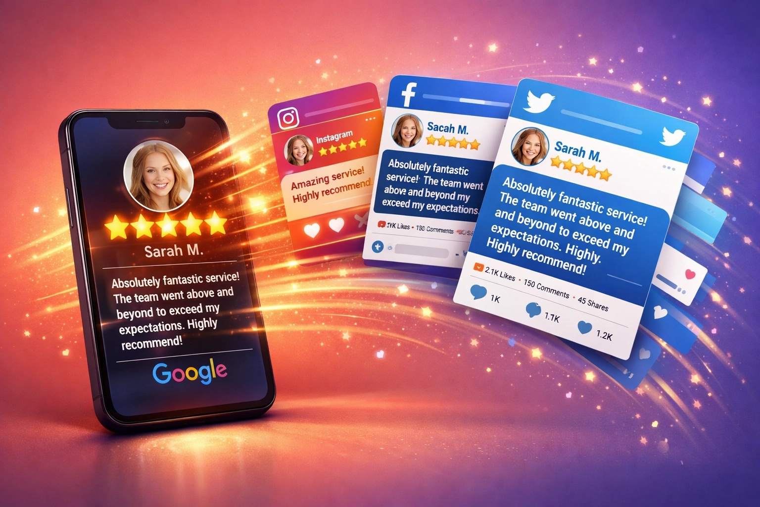 Customer review being shared across social media platforms as social proof for business