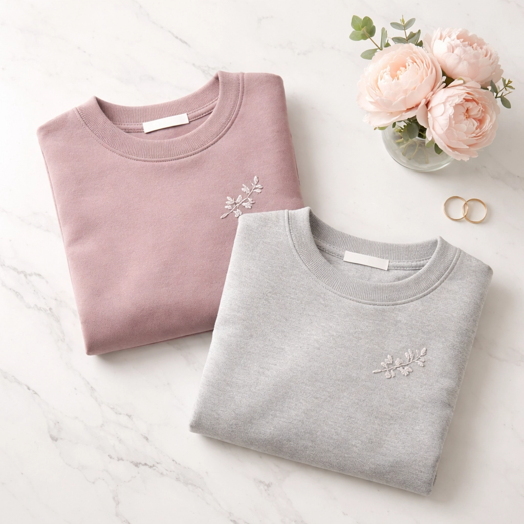 Flat lay of embroidered sweatshirts with wedding bands and flowers, ideal for custom Valentine’s gifts