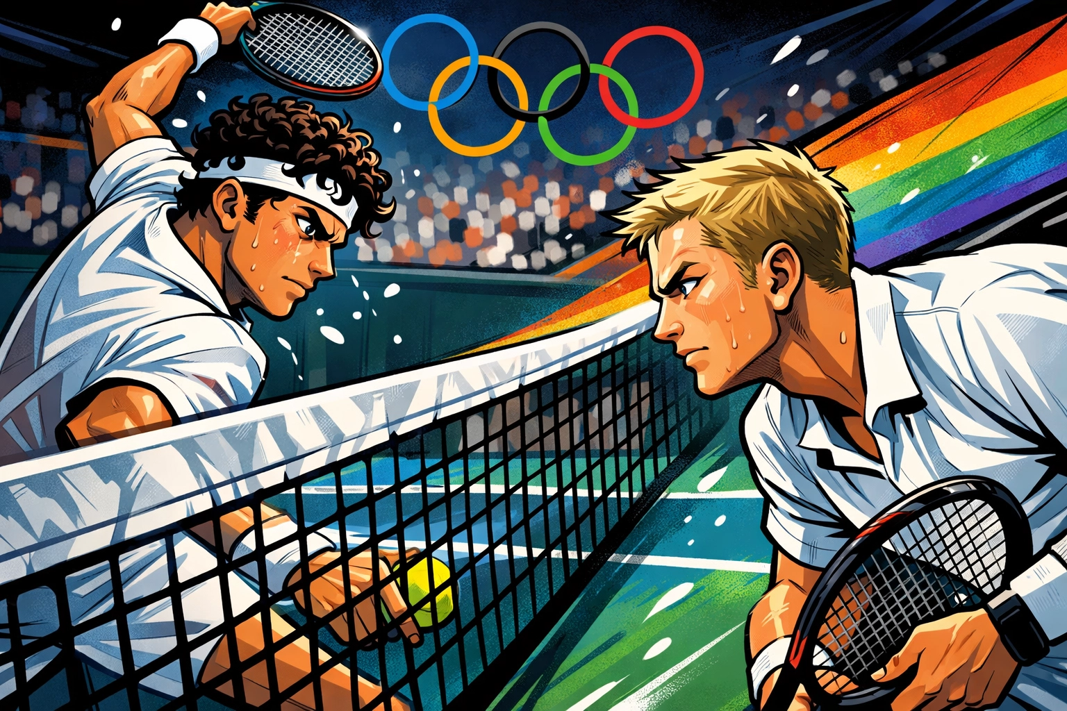 Two male tennis players locked in intense rivalry across the net during Olympic match