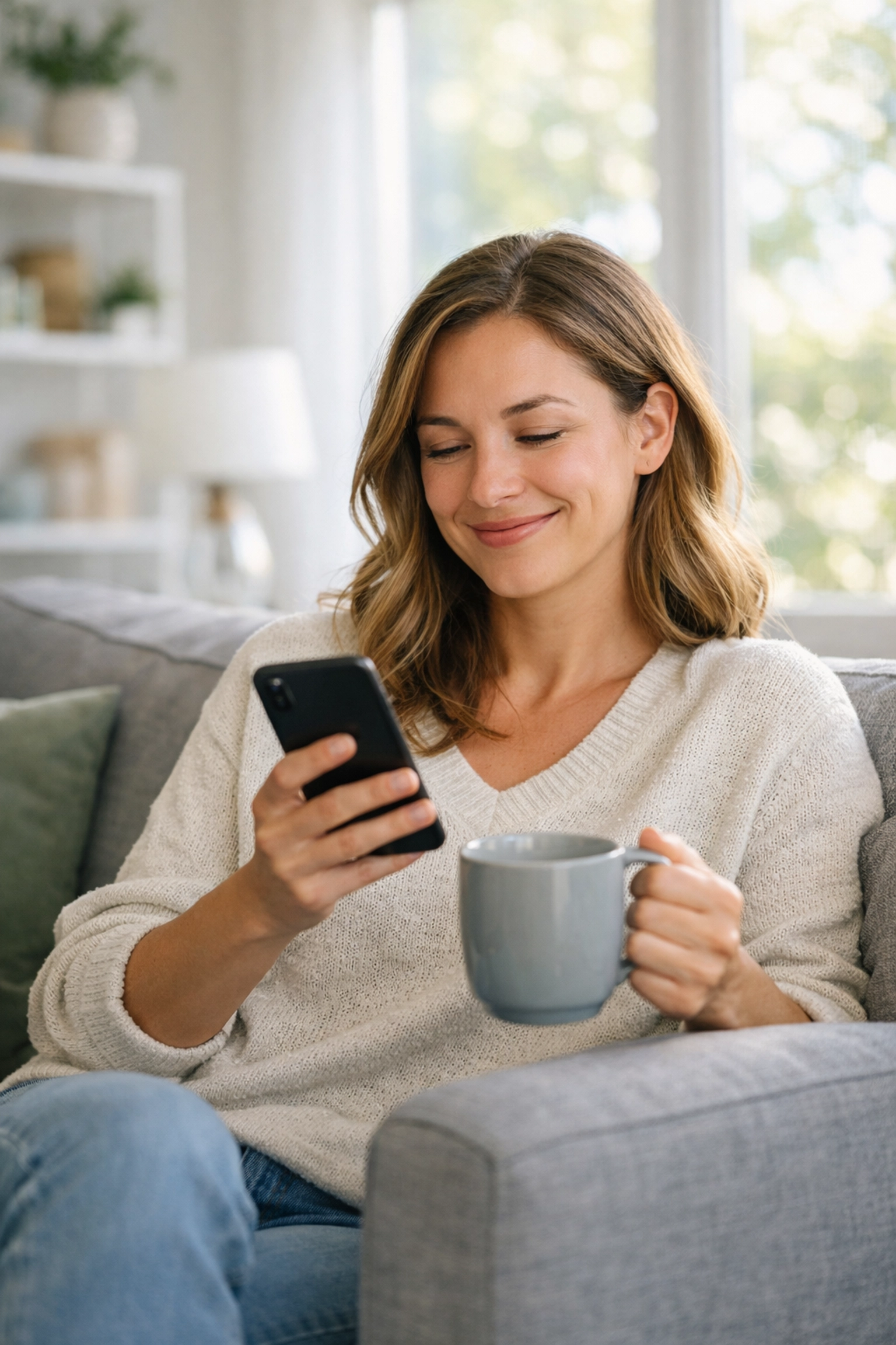 A woman smiling at her phone after receiving an instant approval payday loan in Alberta.