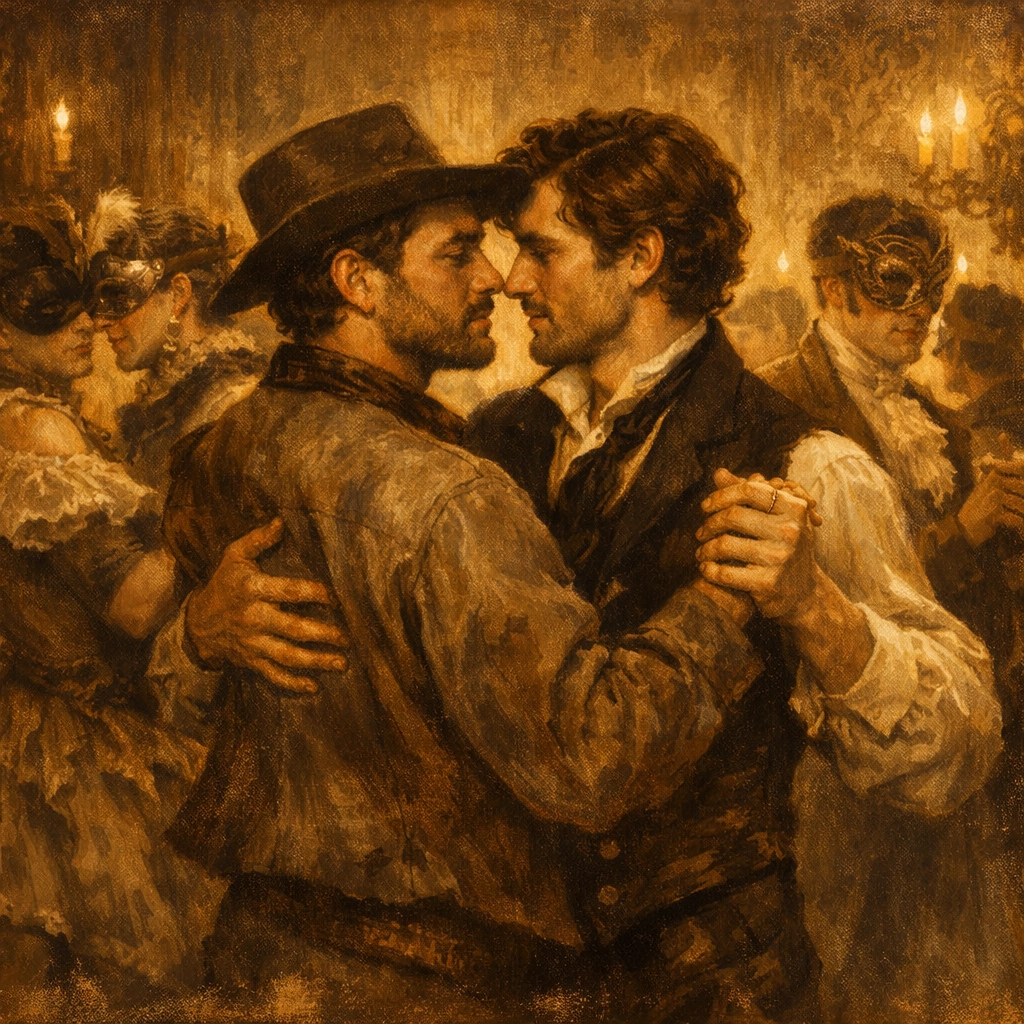Men dancing together at Gold Rush era masquerade ball in 1850s San Francisco