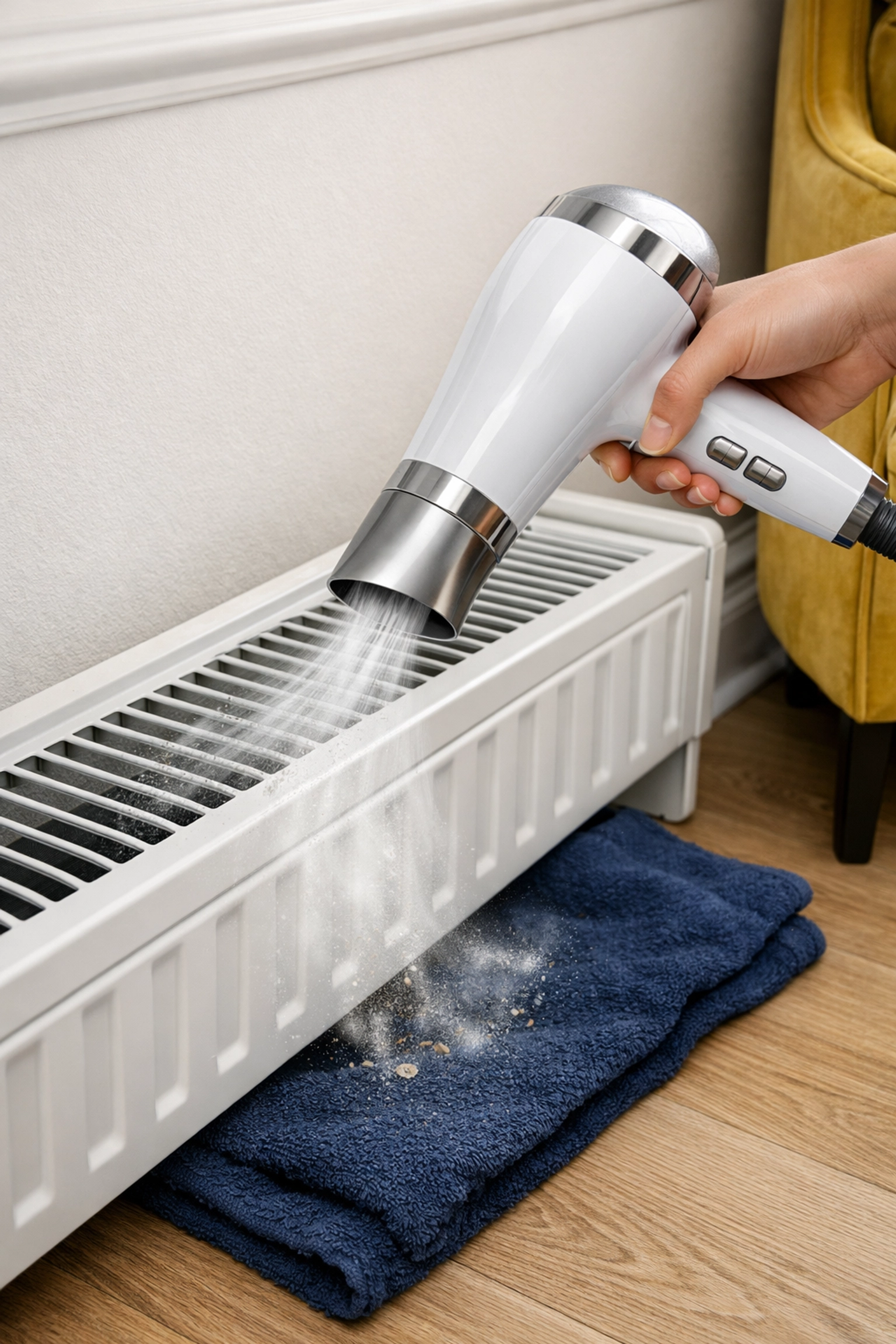 Using a hair dryer to blast dust out of a radiator grill onto a damp towel for easy cleanup.