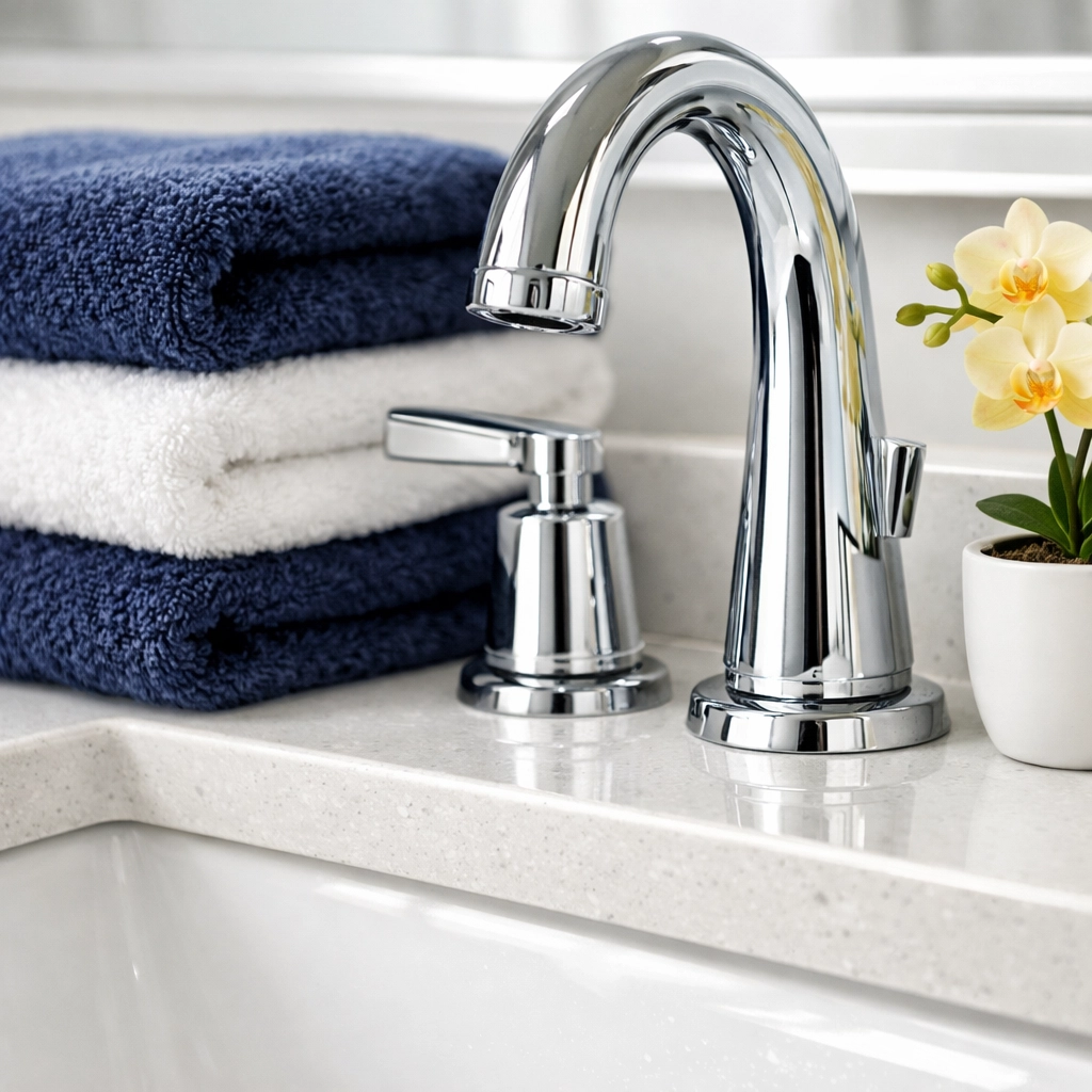 Clean quartz bathroom counter and chrome faucet showing high-end weekly house cleaning Leominster results.