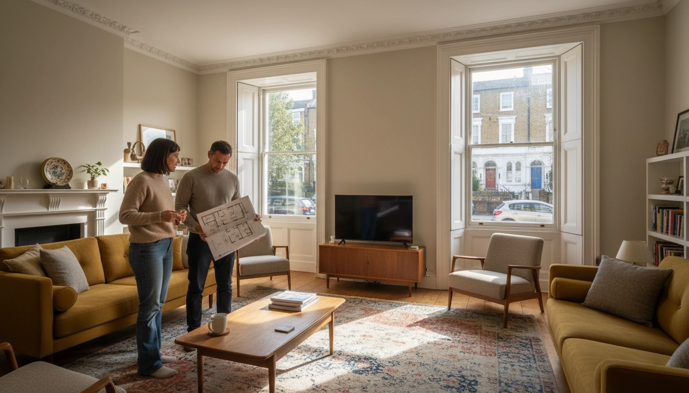Cosy living room with a couple reviewing house plans. Large windows, yellow sofa, patterned rug, and a calm atmosphere.