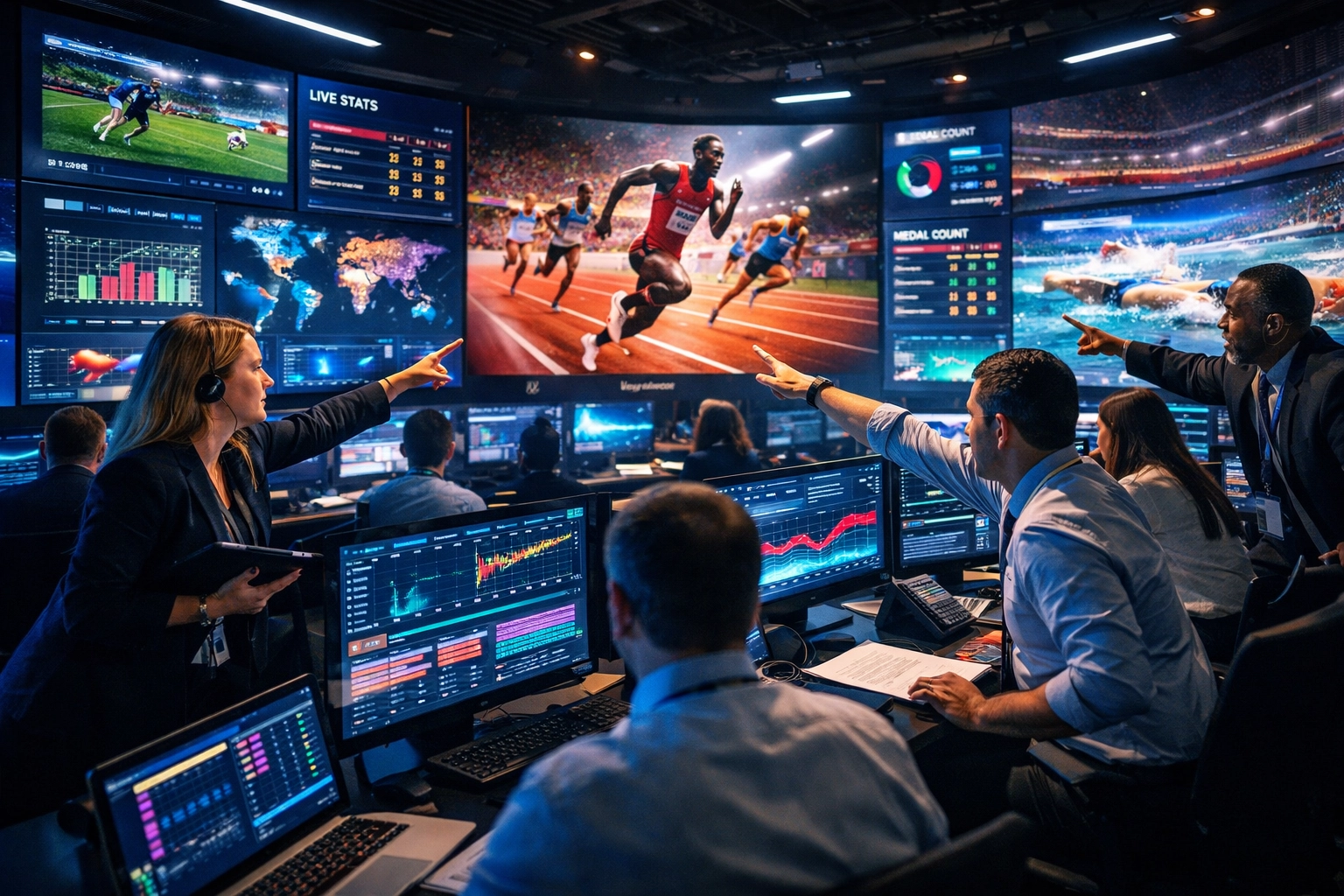 Digital marketing experts in a command center managing a high-performance sports media campaign.