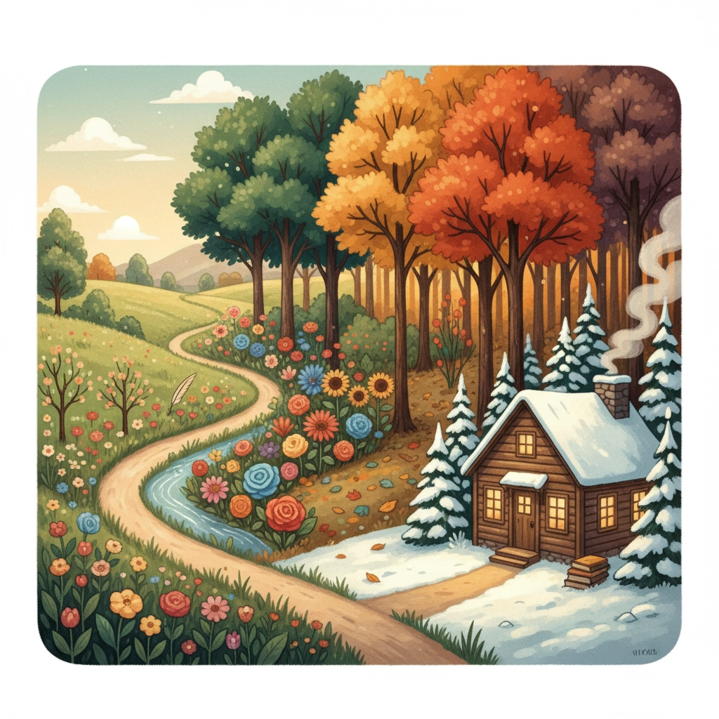 Whimsical watercolor landscape of a cozy cabin surrounded by colorful trees and flowers transitioning through all four seasons—spring blossoms, autumn leaves, and winter snow—symbolizing creativity, growth, and the changing seasons of the writing process.