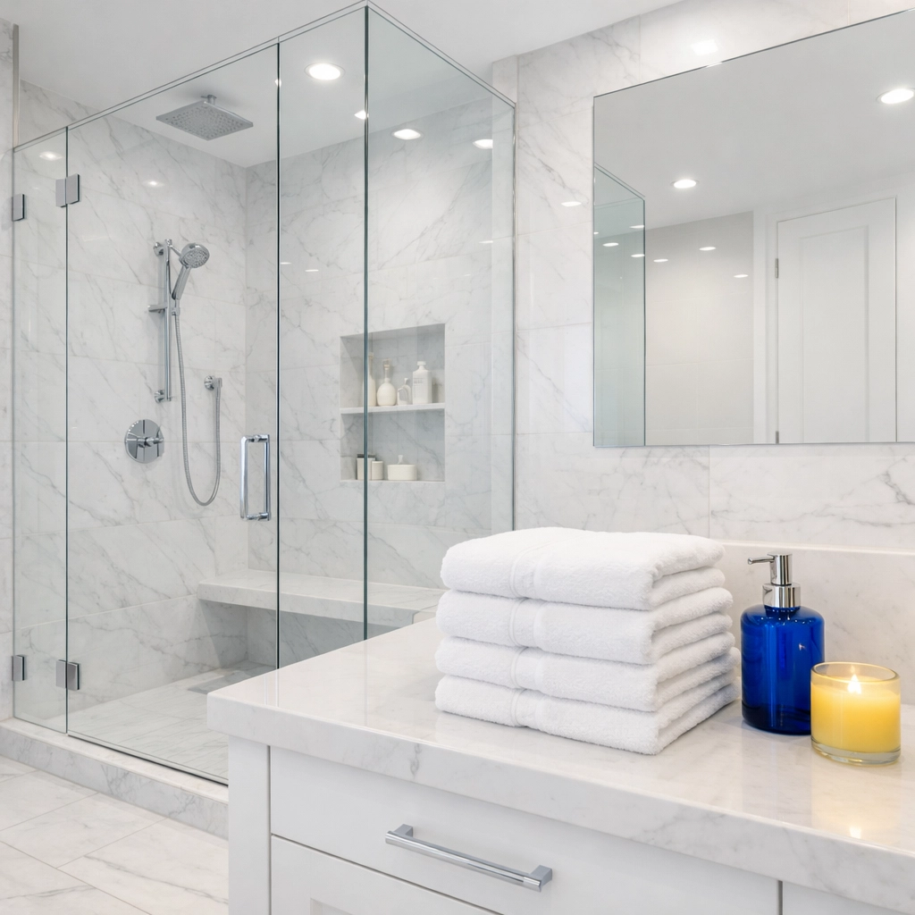 Sparkling clean luxury bathroom with marble tile by expert professional cleaners Sutton MA.