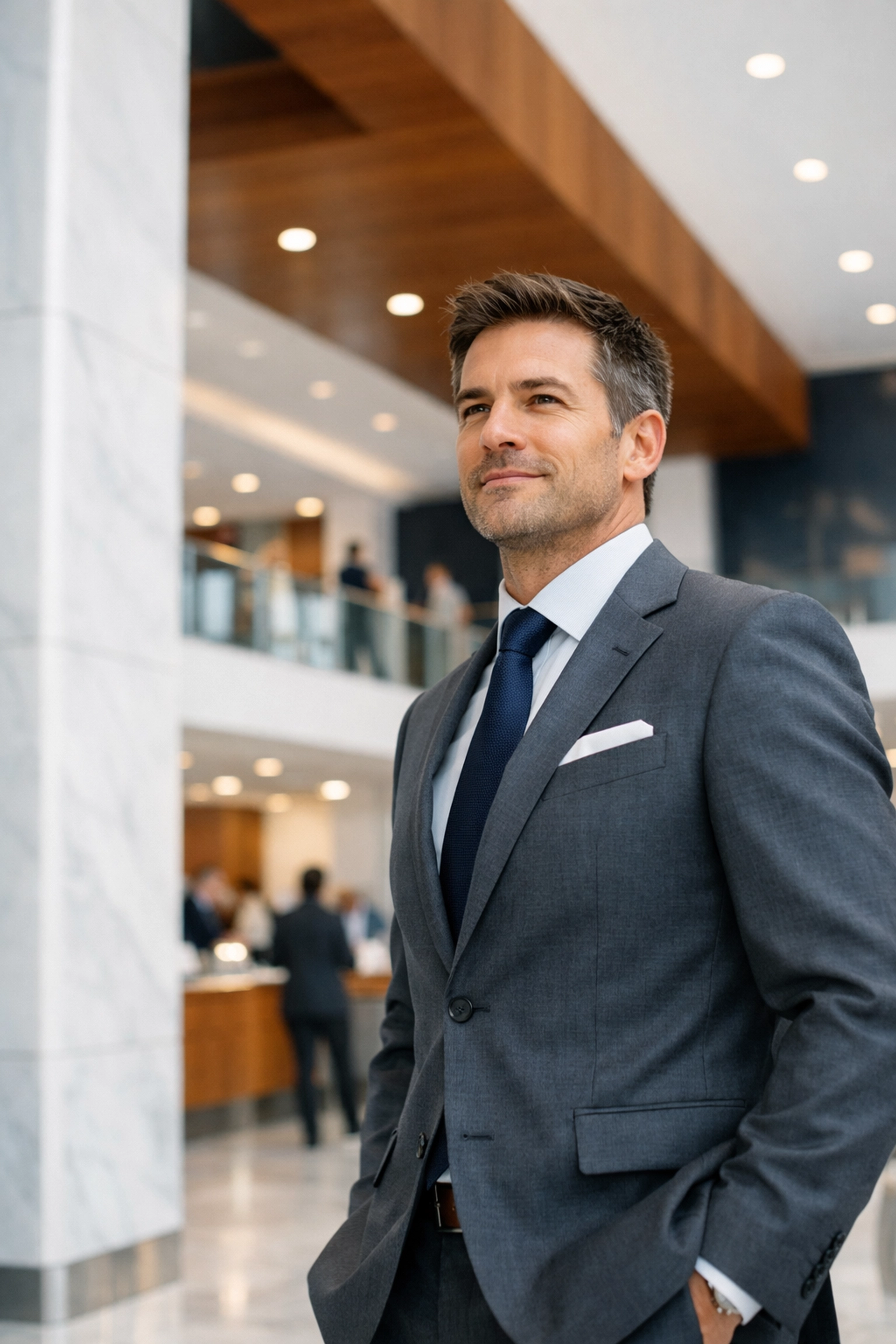 A confident executive in a modern lobby symbolizing strategic leadership and successful business scaling.