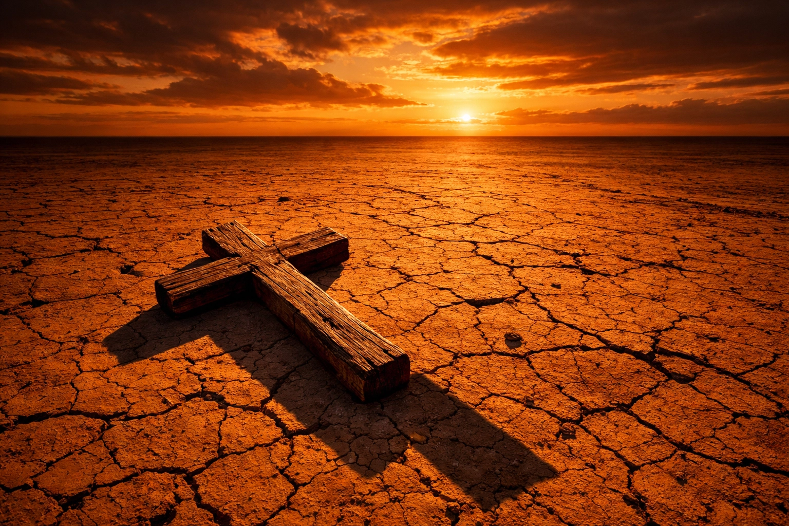 A weathered wooden cross on cracked earth symbolizing the endurance of persecuted Christians in the Middle East.