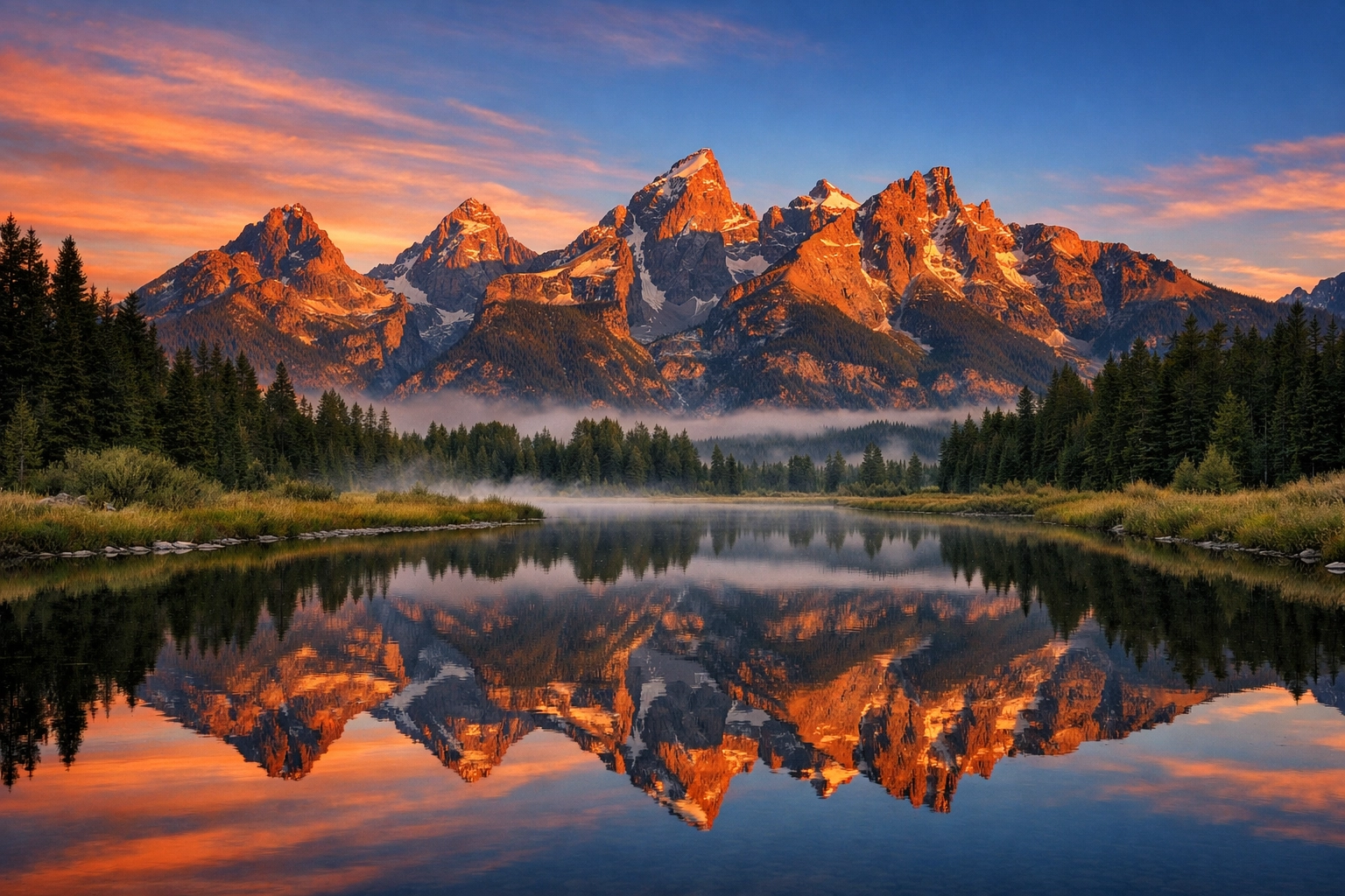 High-resolution landscape of the Teton Range at sunrise, one of the best photography locations.