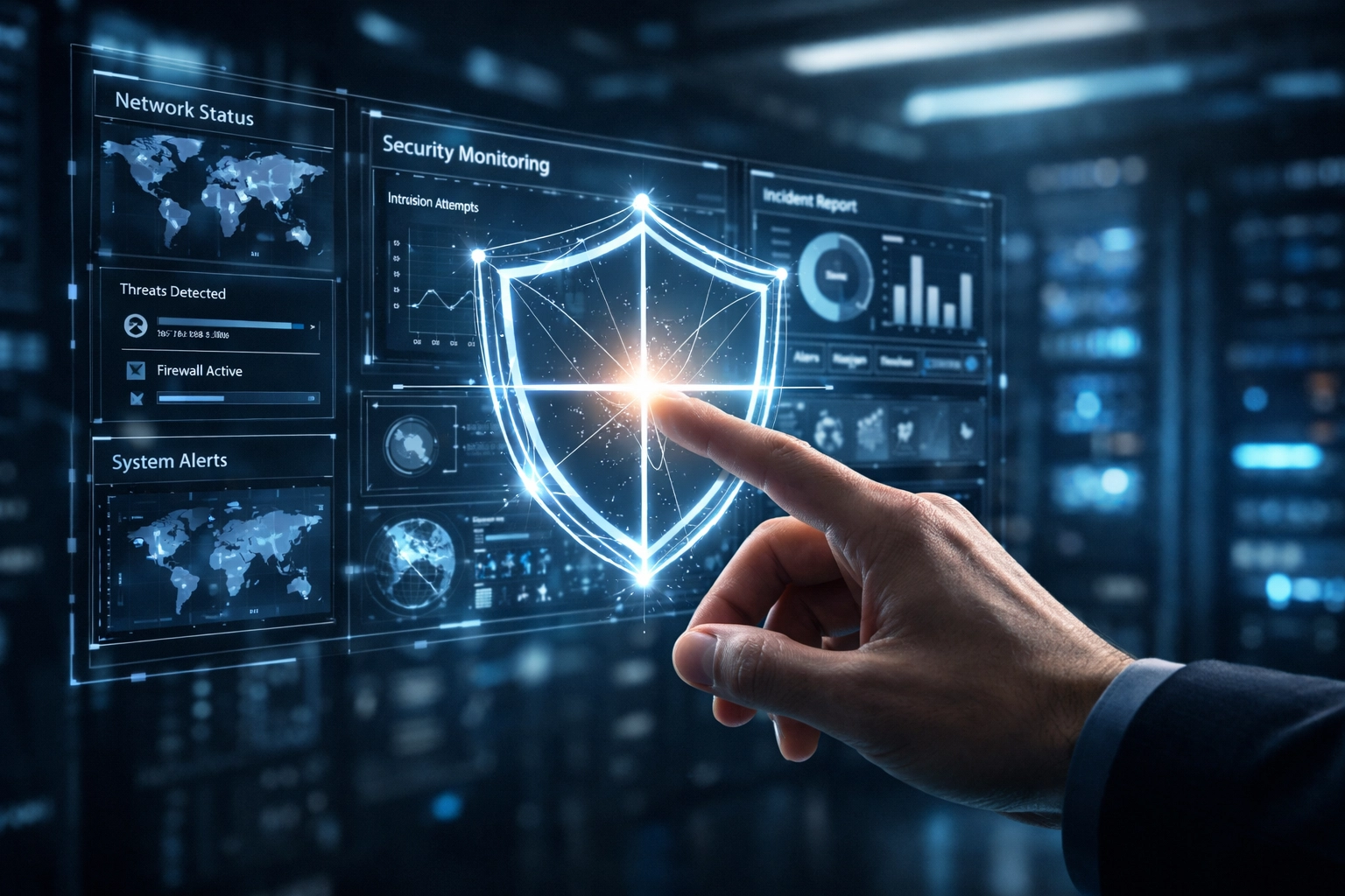 Digital shield in a tech command center illustrating proactive business IT solutions and security hardening.