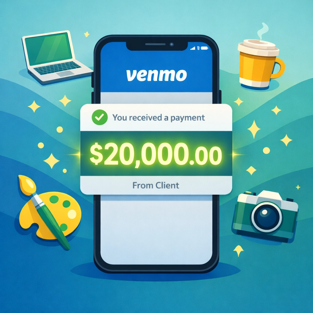 Venmo payment notification showing $20,000 threshold for freelancer 1099-K tax reporting requirements