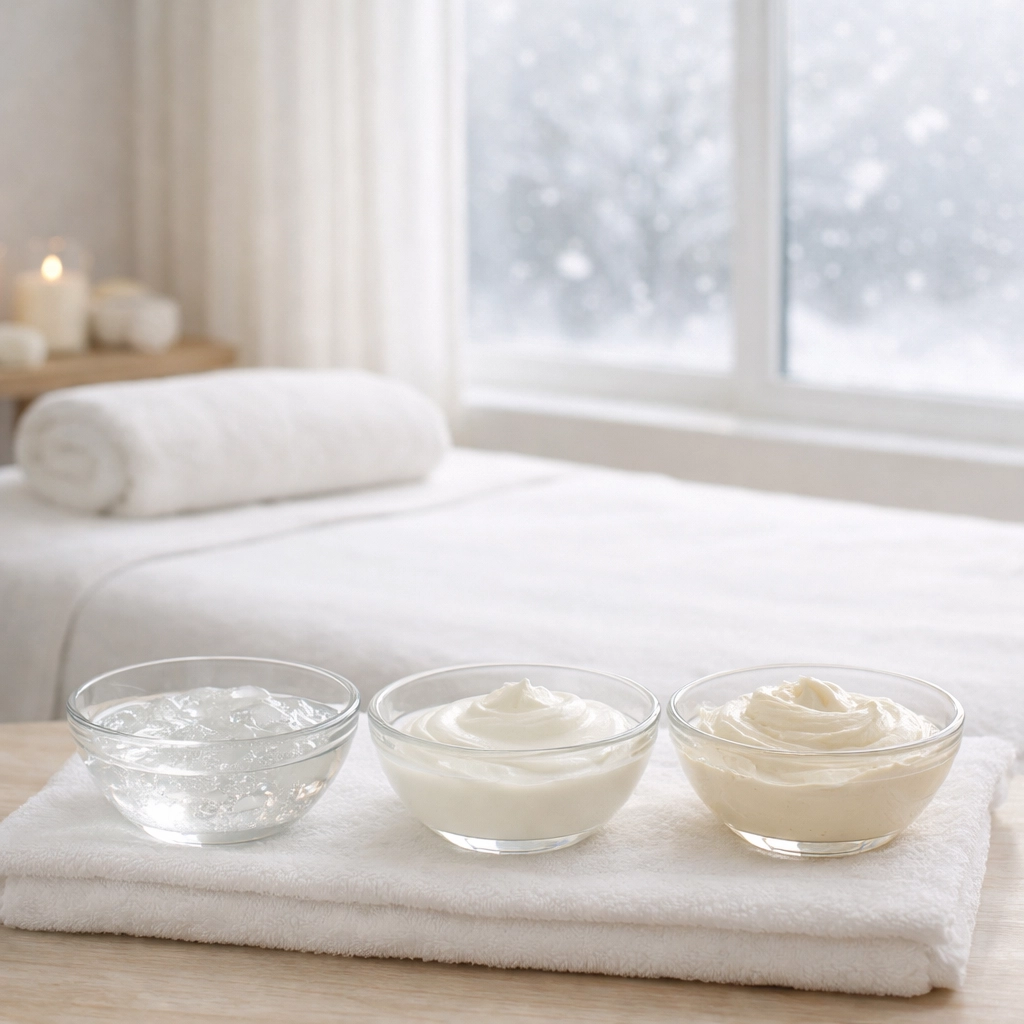 Three professional hydrating face masks displayed at spa in Granger Indiana during winter