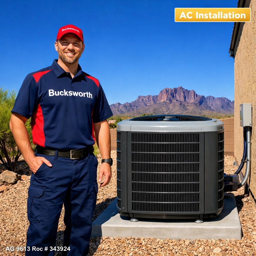 Bucksworth technician with a new high-efficiency AC installation in a Fountain Hills, AZ residential yard.