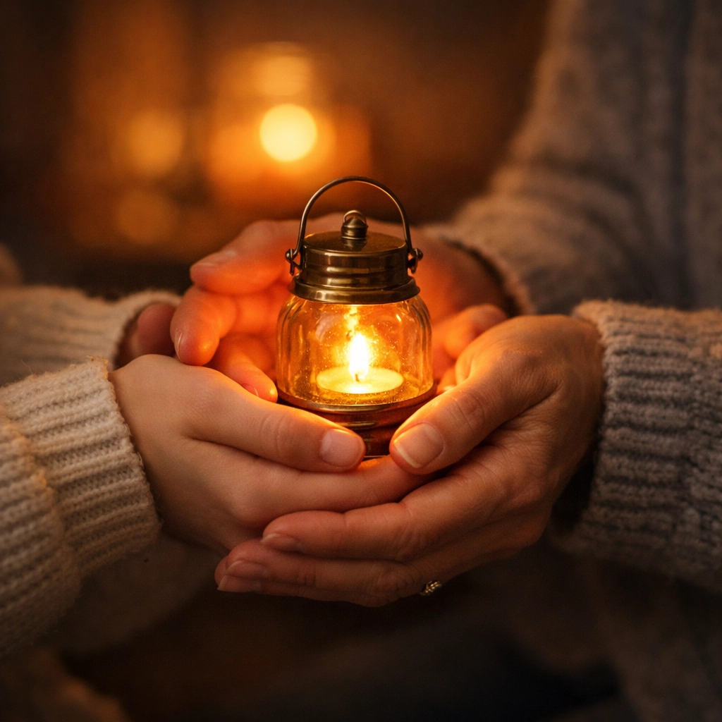 A teen and caregiver holding a glowing lantern together, representing guidance in trauma informed residential care.