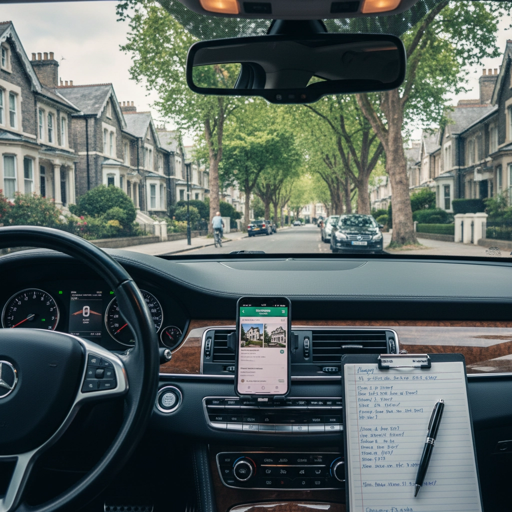 View from car interior shows a smartphone with a house listing app, a notepad with notes, and a residential street with trees and houses.