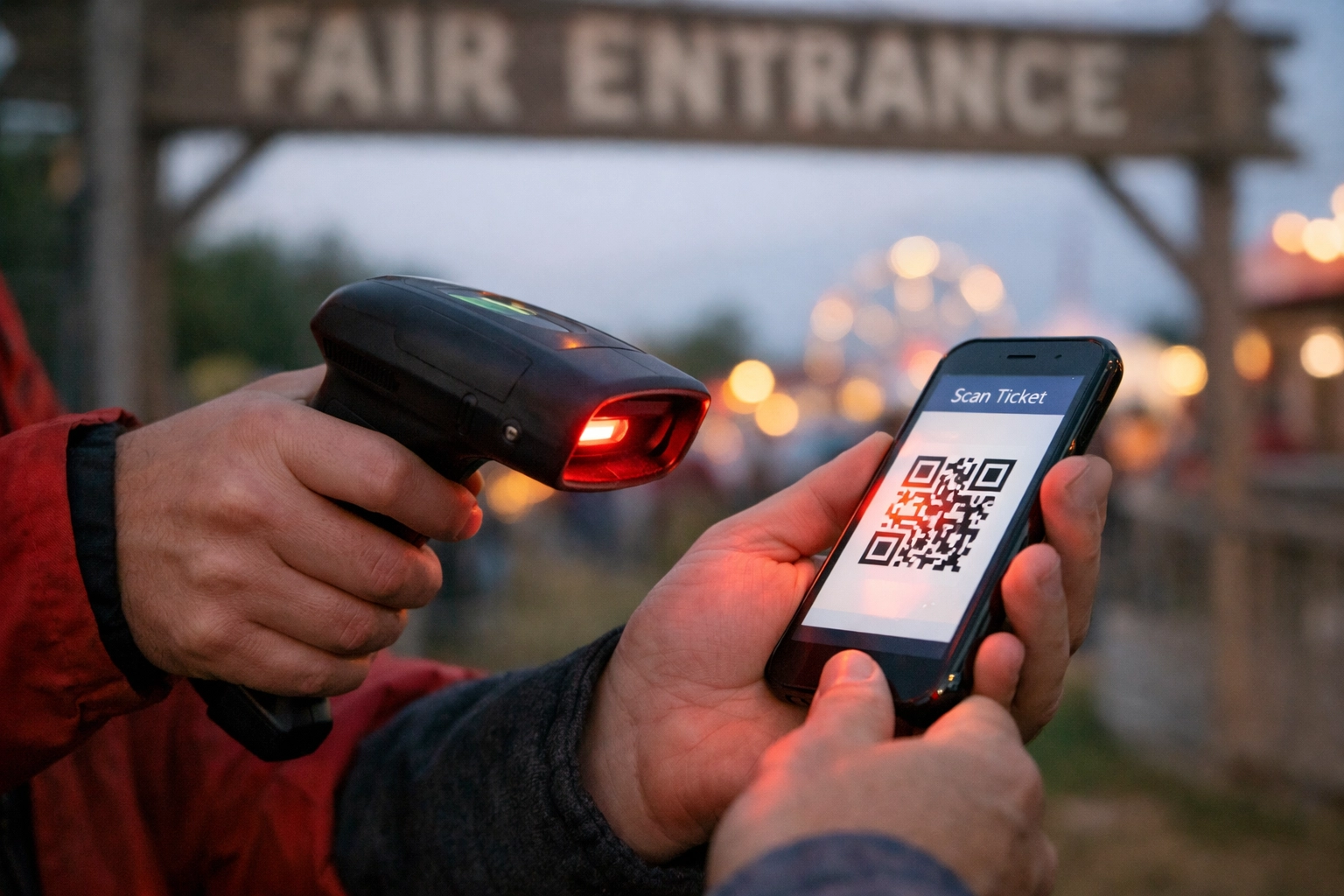 Scanning a guest's smartphone QR code for fast digital entry at a streamlined fair gate admission point.