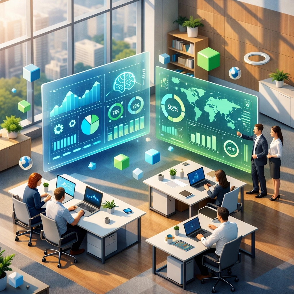 Modern ServiceNow operations center with AI-assisted analytics and performance dashboards