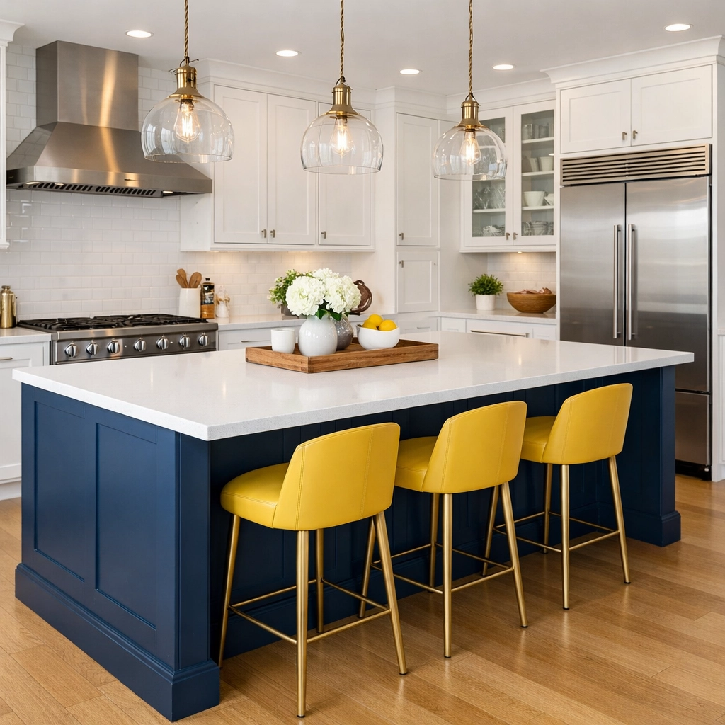 Immaculately clean Sudbury kitchen with a navy blue island and polished quartz countertops.